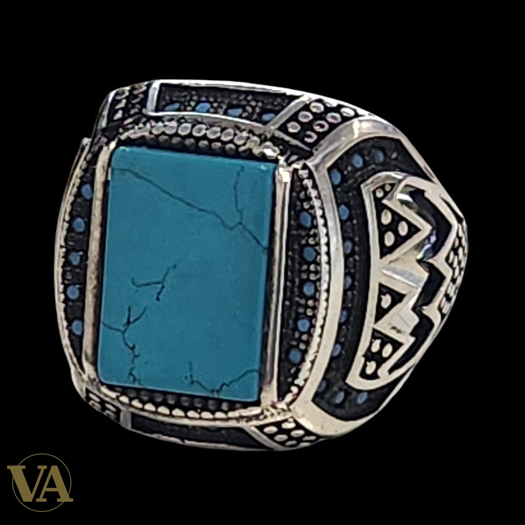Bague homme argent 925 et turquoise rectangulaire