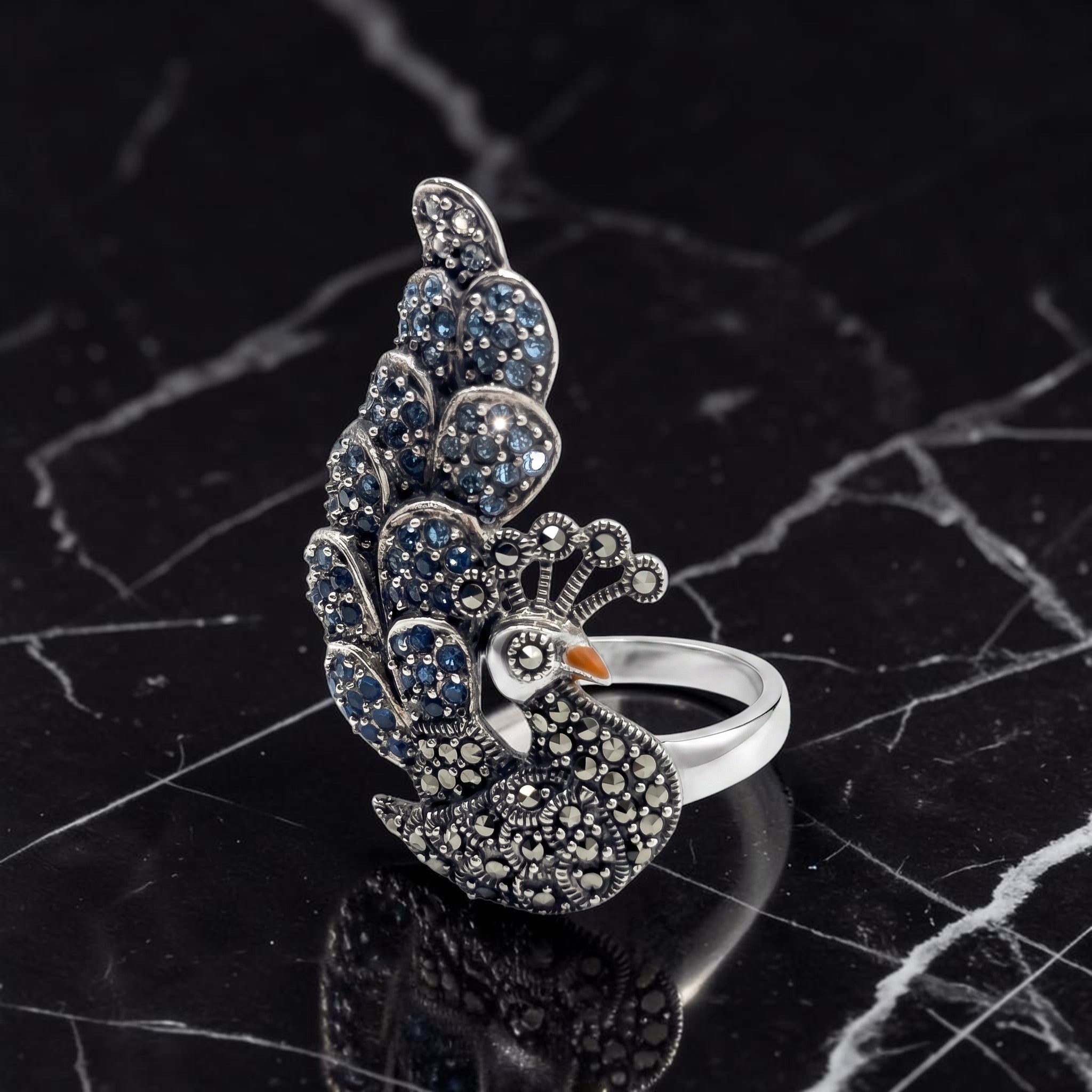 Bague Femme Argent 925 Plume Paon Zirconium Bleu Marcassite-Vindicta : Bijoux Argent 925 Massif, Luxe et Héritage