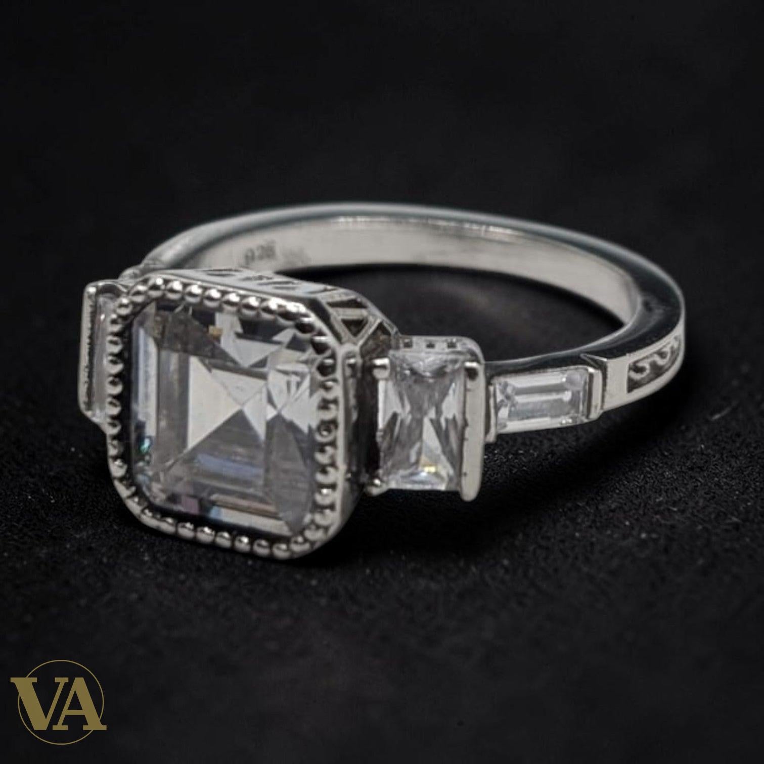 Bague Femme Argent 925 Solitaire Zircon Asscher Milgrain Art Déco - Argent 925 - Vindicta