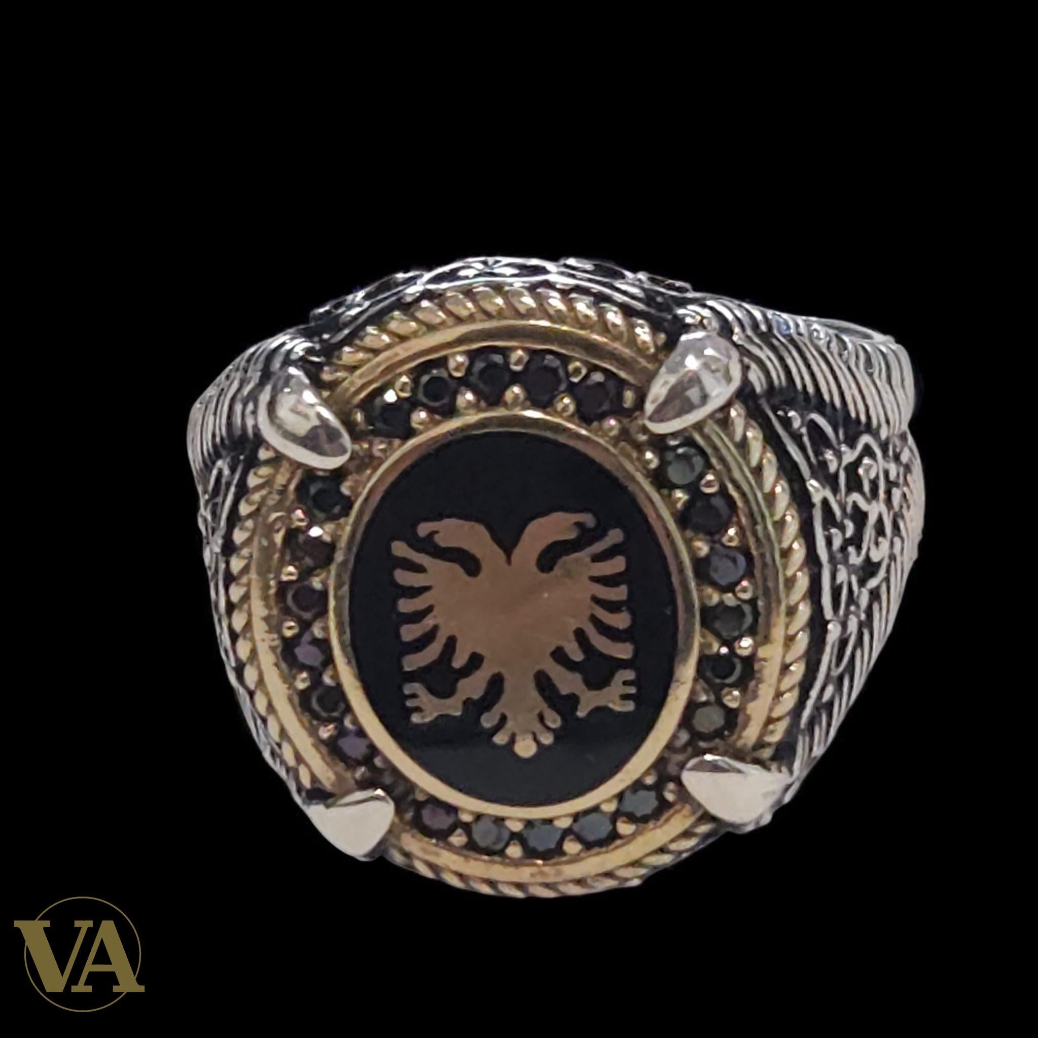 Bague Homme Argent 925 Onyx Noire & Emblème Doré