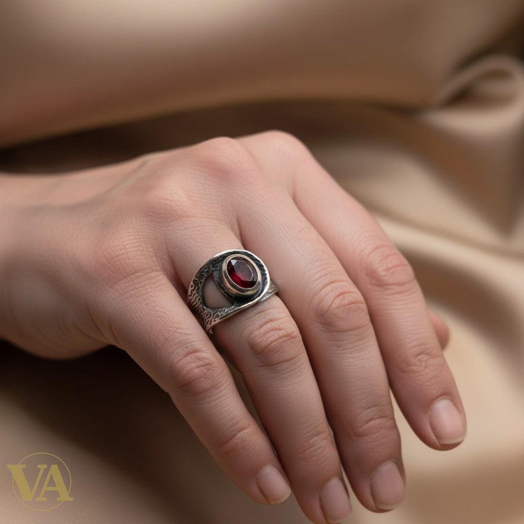 Bague femme Argent 925 Massif Oxyde Teinté Grenat Design Asymétrique