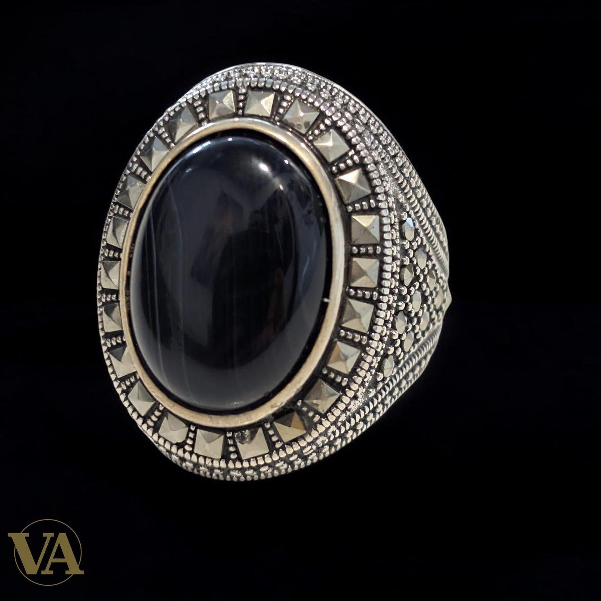 Bague Homme Argent 925 – Agate Bleu Nuit Naturelle | Bijoux Vindicta