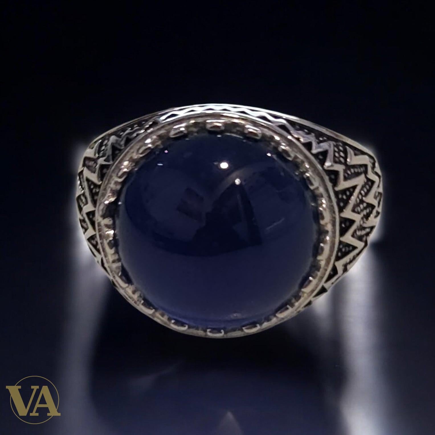 Bague homme argent 925 cabochon agate bleue