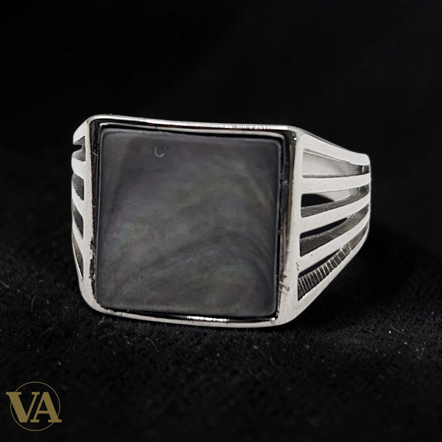 Chevalière Homme Argent 925 Nacre Grise Carré Flancs Ajourés - Argent 925 - Vindicta
