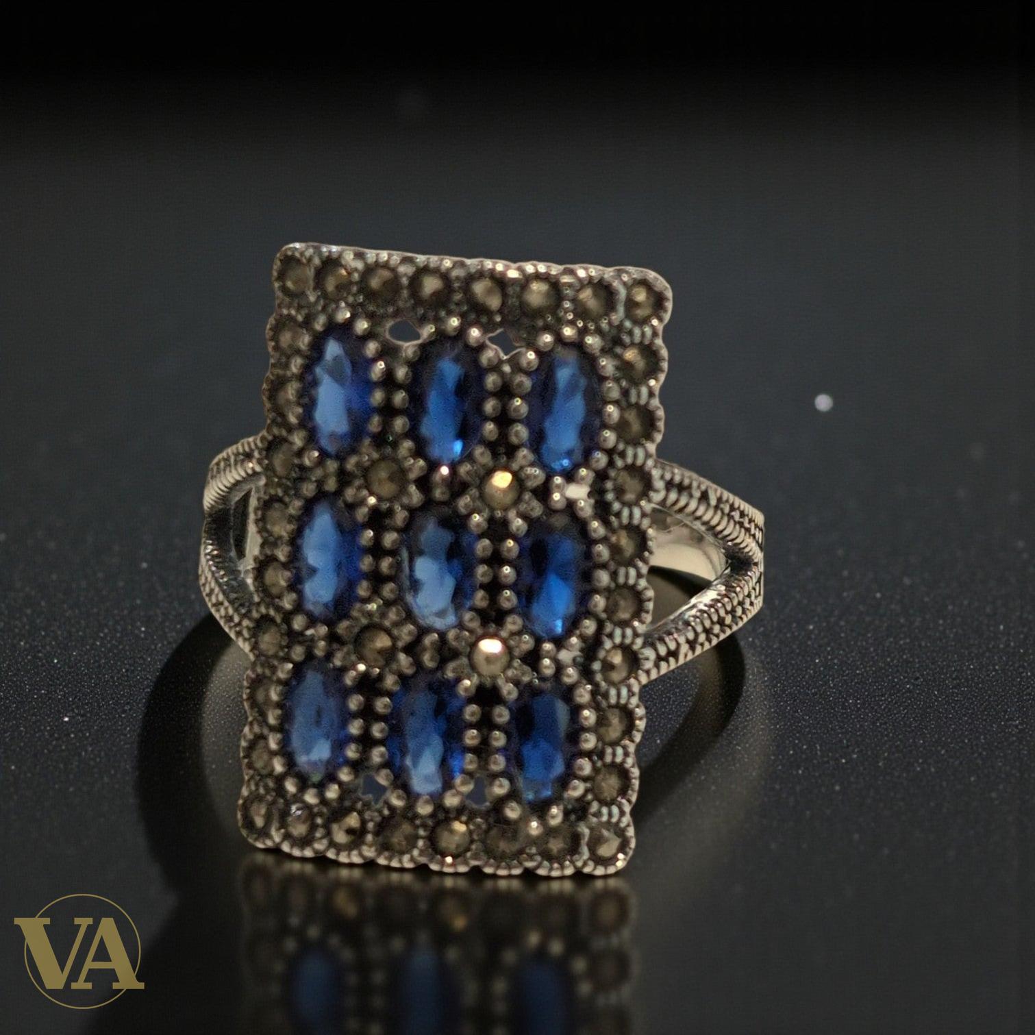 Bague rectangulaire en argent 925, pierres bleues & marcassite