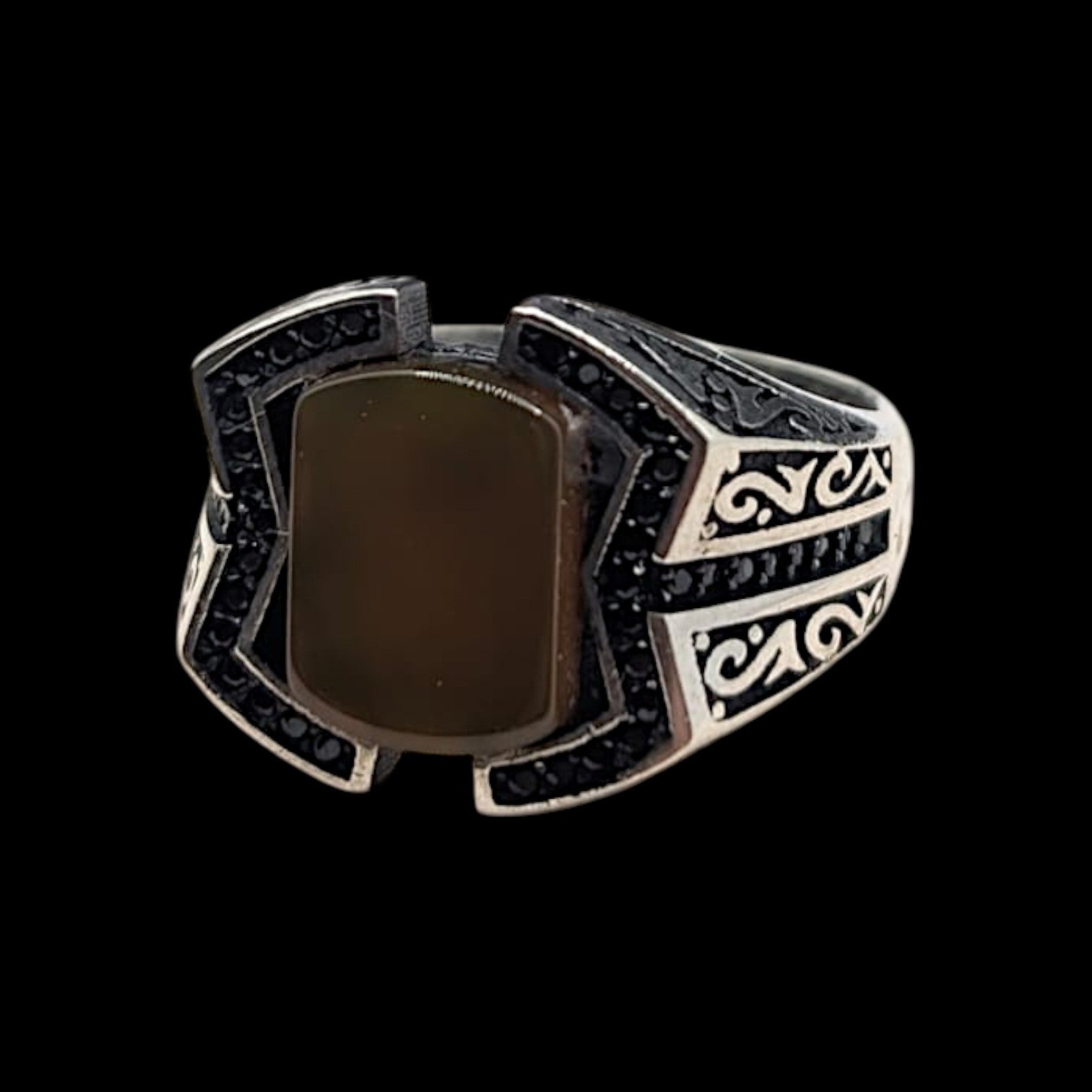 Chevalière Homme Argent 925 Œil de Tigre Arabesques Ottomanes Dorées-Vindicta : Bijoux Argent 925 Massif, Luxe et Héritage