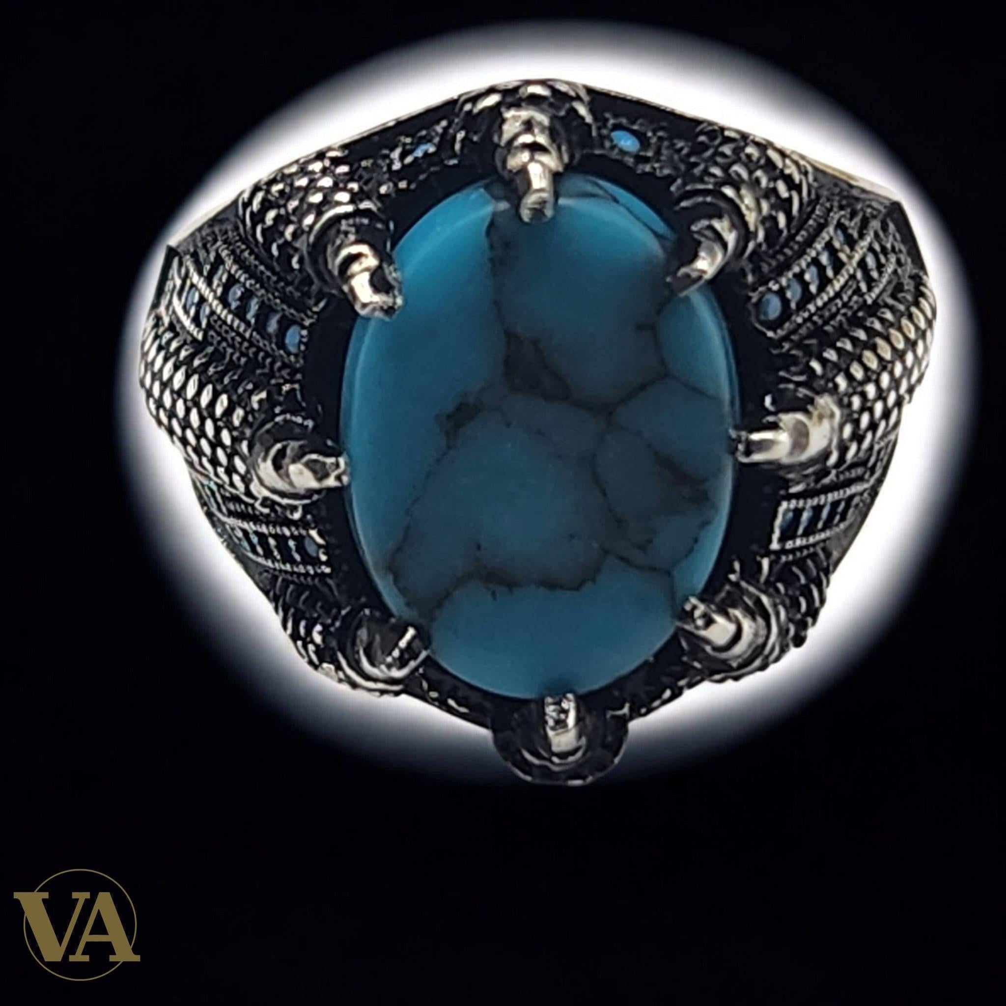 Bague Homme Argent 925 – Turquoise ovale cabochon & griffes protectrices - Argent 925 - Vindicta