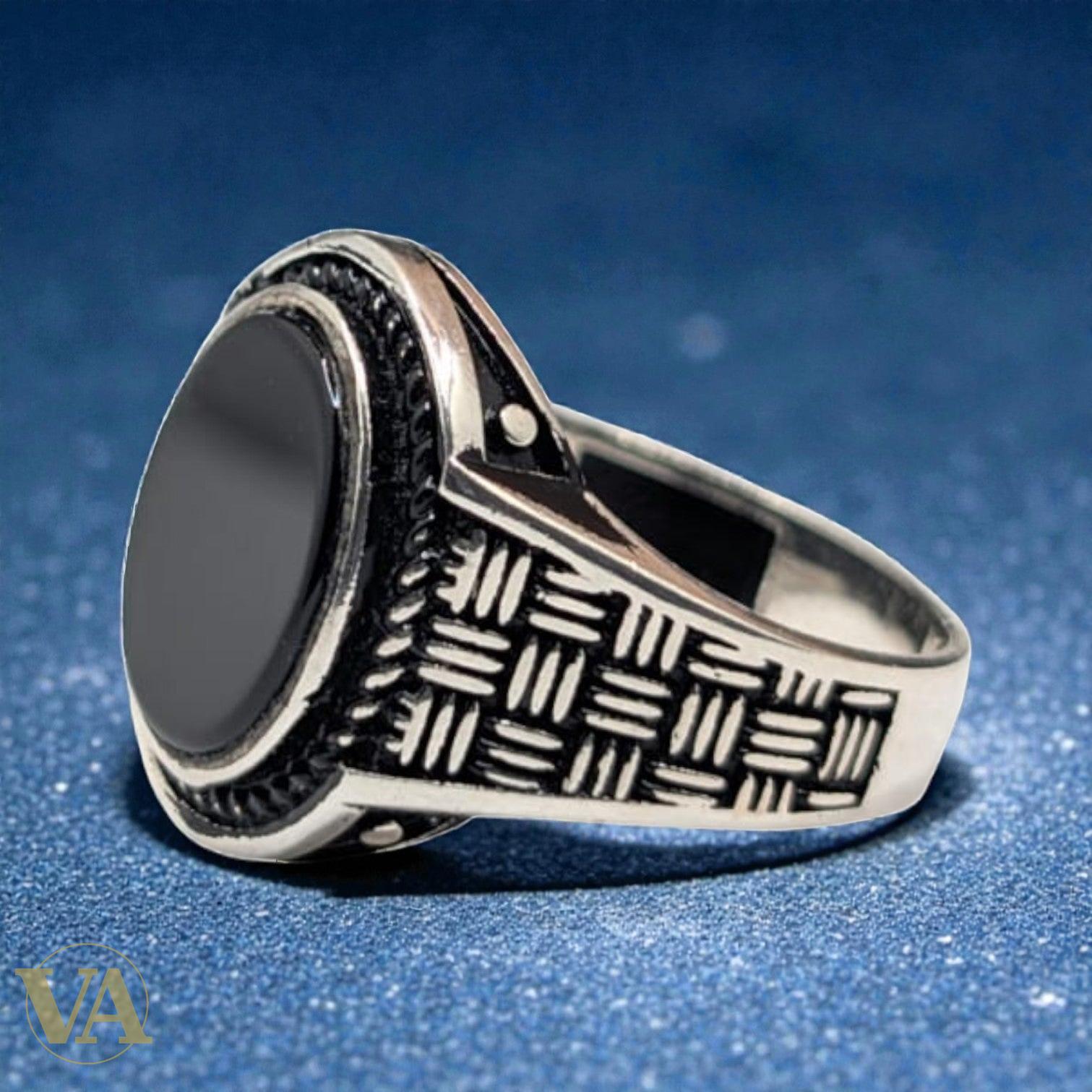 Bague homme argent 925 – Onyx Noir & Monture Tressée Ottomane | Bijoux Vindicta