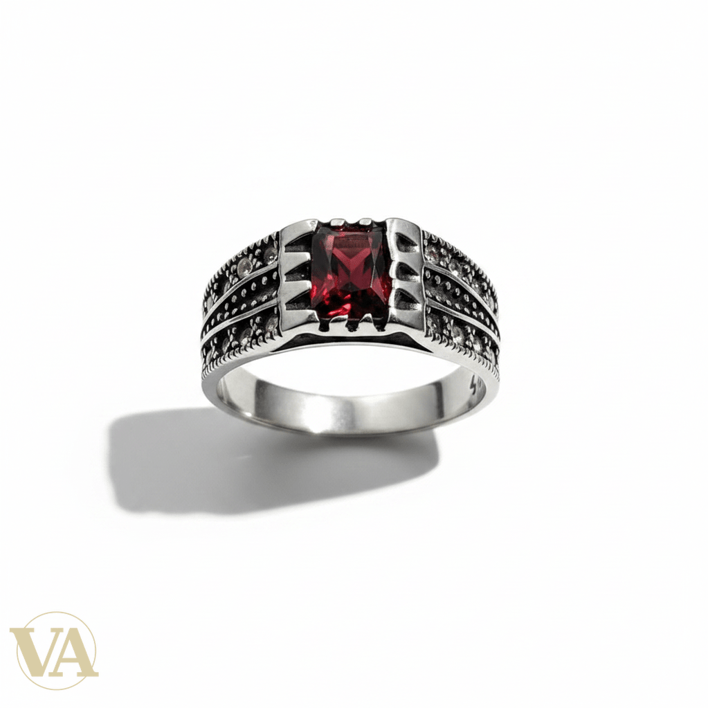 Bague Homme Argent 925 Grenat Rouge Marcassite Chevrons Art Déco - Argent 925 - Vindicta