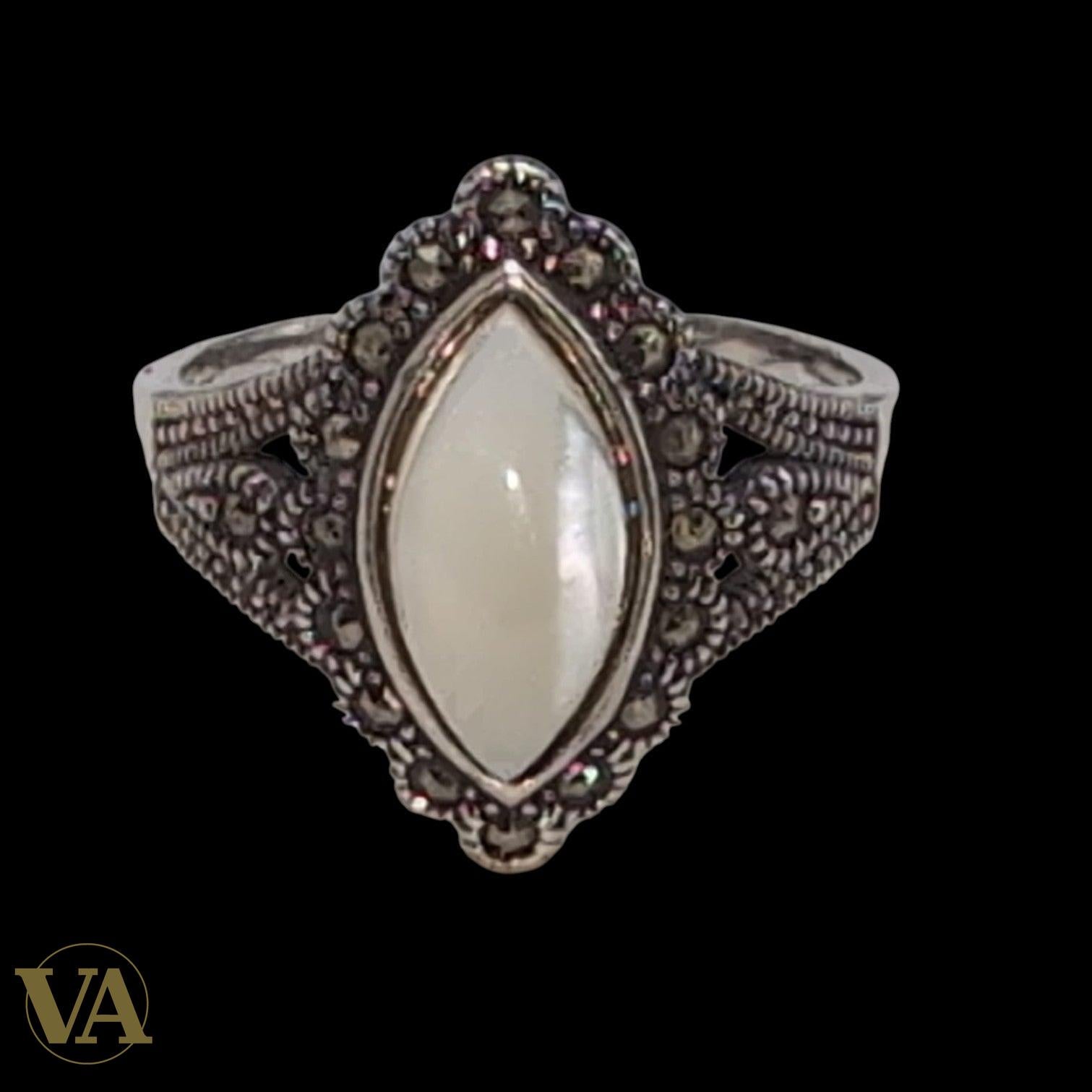 Bague Femme Argent 925 Pierre de Lune Navette & Marcassite – Style Vintage Élégant