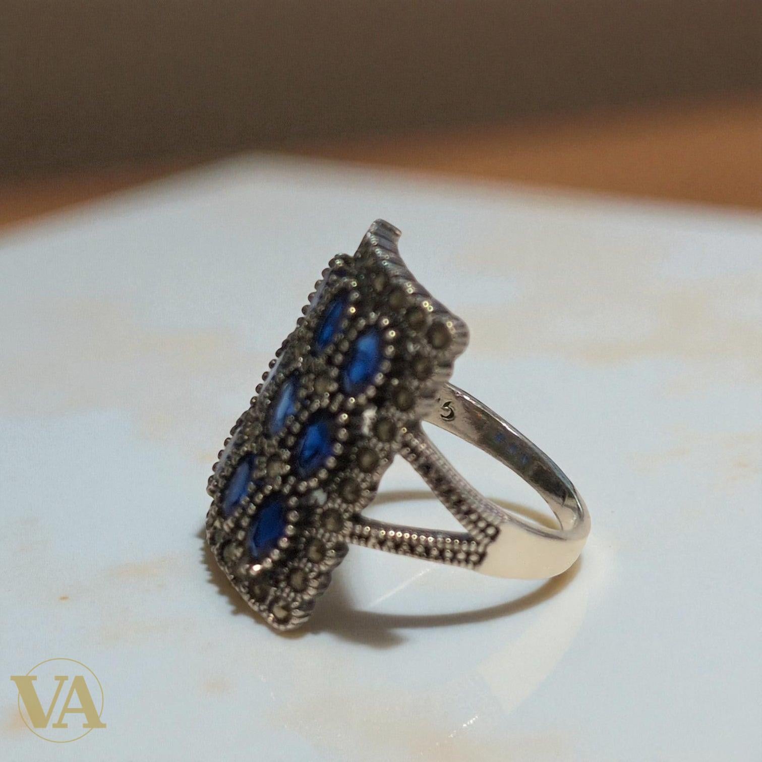 Bague rectangulaire en argent 925, pierres bleues & marcassite