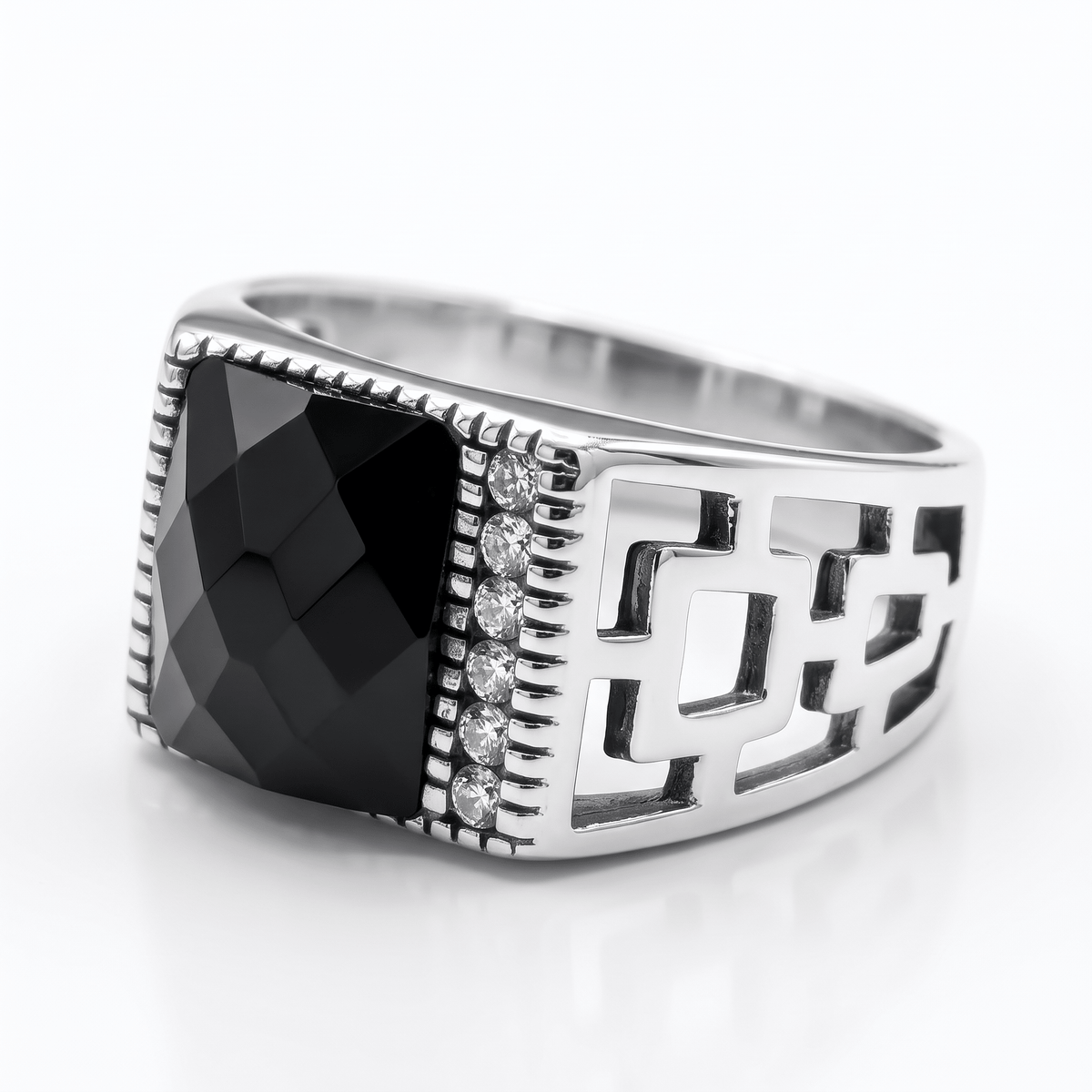 Chevalière Homme Argent 925 – Onyx Noir Facetté & Méandre Grec Ajouré - Argent 925 - Vindicta