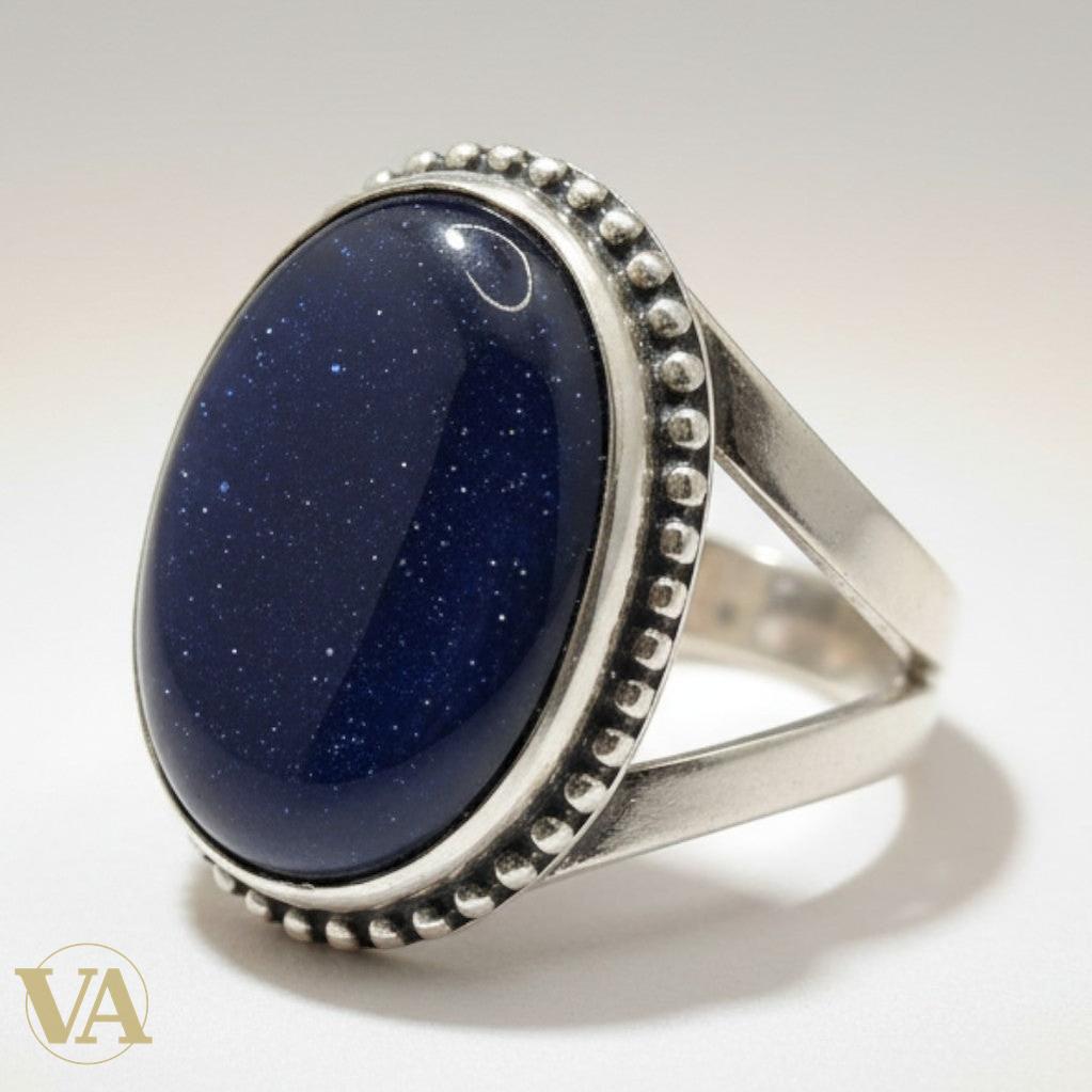 Bague femme argent 925 Pierre des Étoiles bleue cabochon ovale
