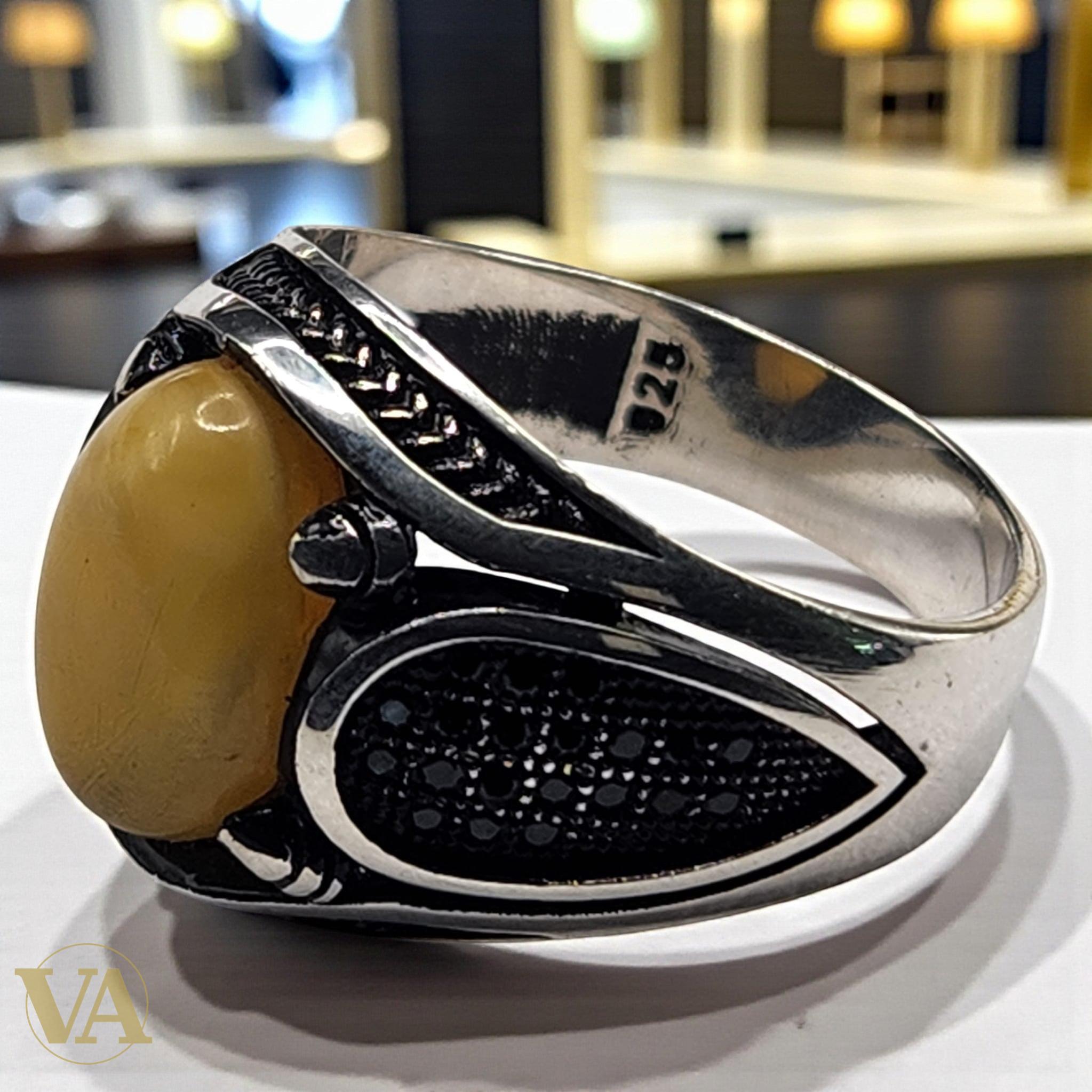 Bague Homme Argent 925 – Ambre jaune cabochon ovale