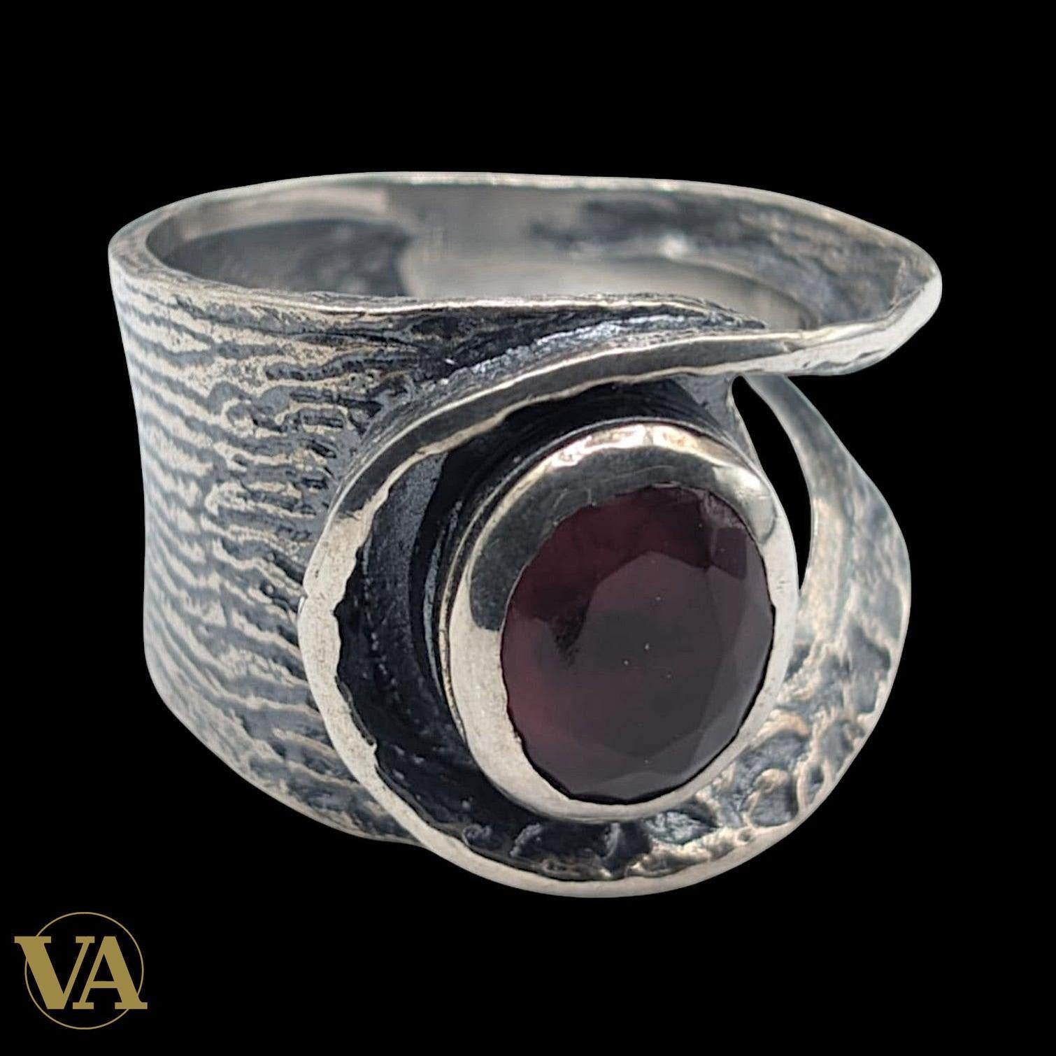 Bague femme Argent 925 Massif Oxyde Teinté Grenat Design Asymétrique