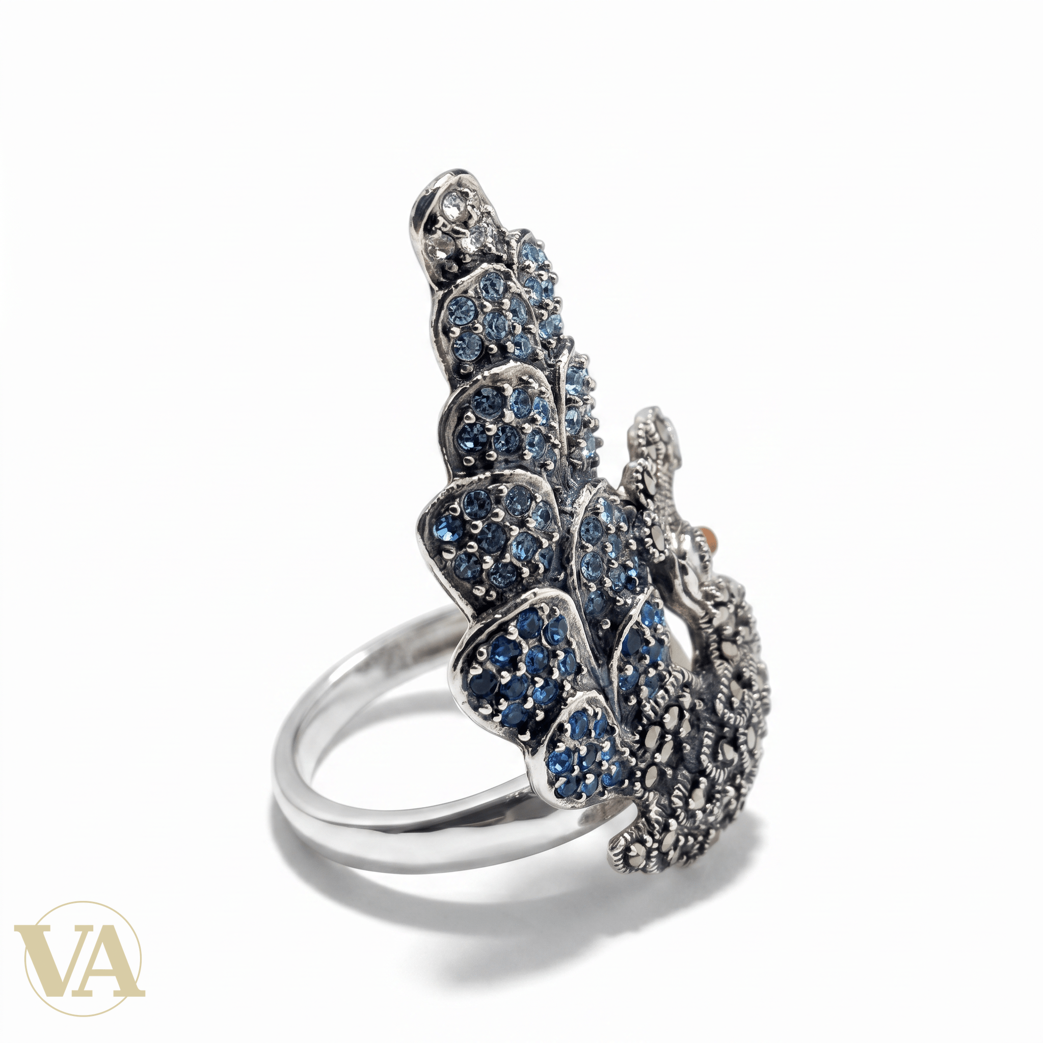 Bague Femme Argent 925 Plume Paon Zirconium Bleu Marcassite