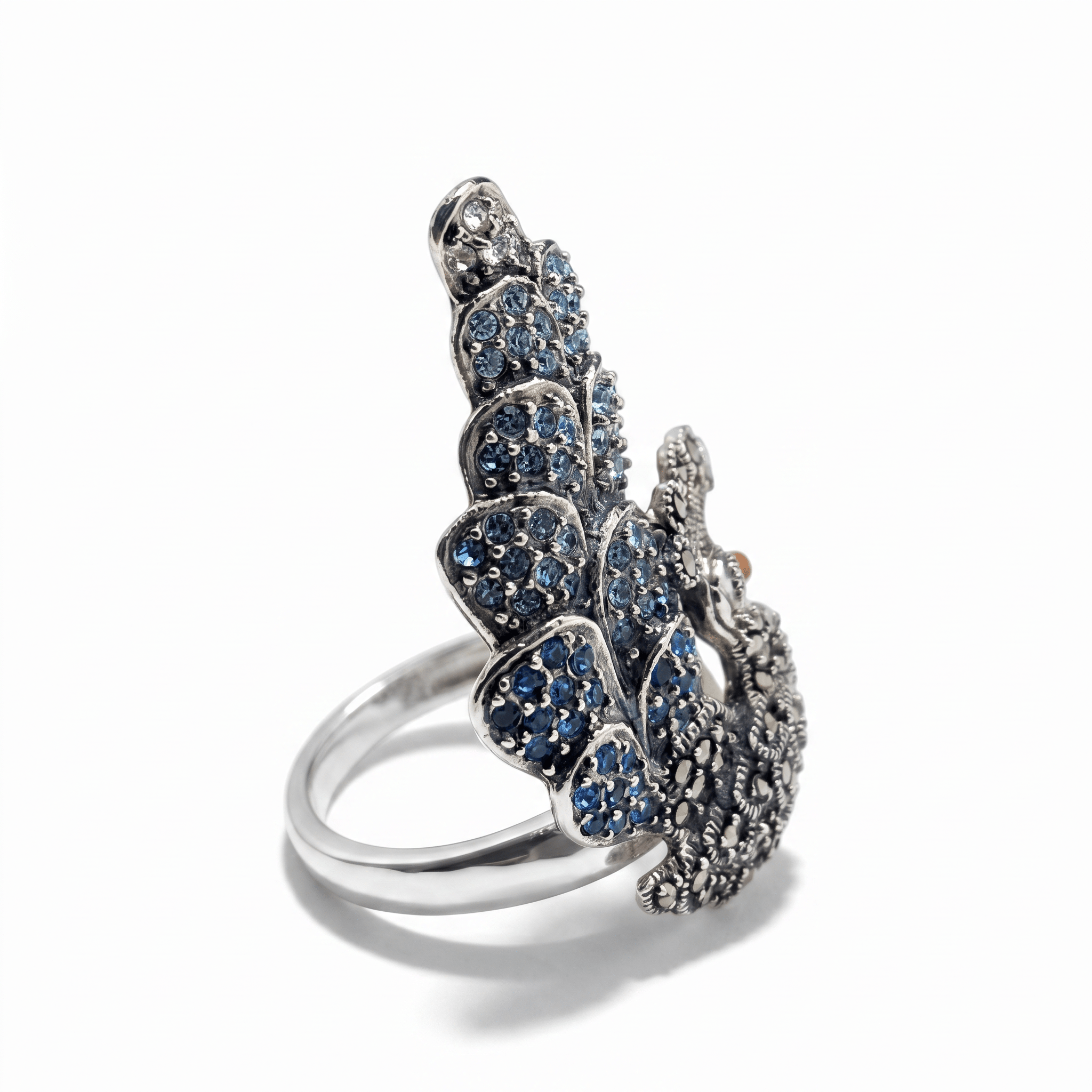 Bague Femme Argent 925 Plume Paon Zirconium Bleu Marcassite - Argent 925 - Vindicta