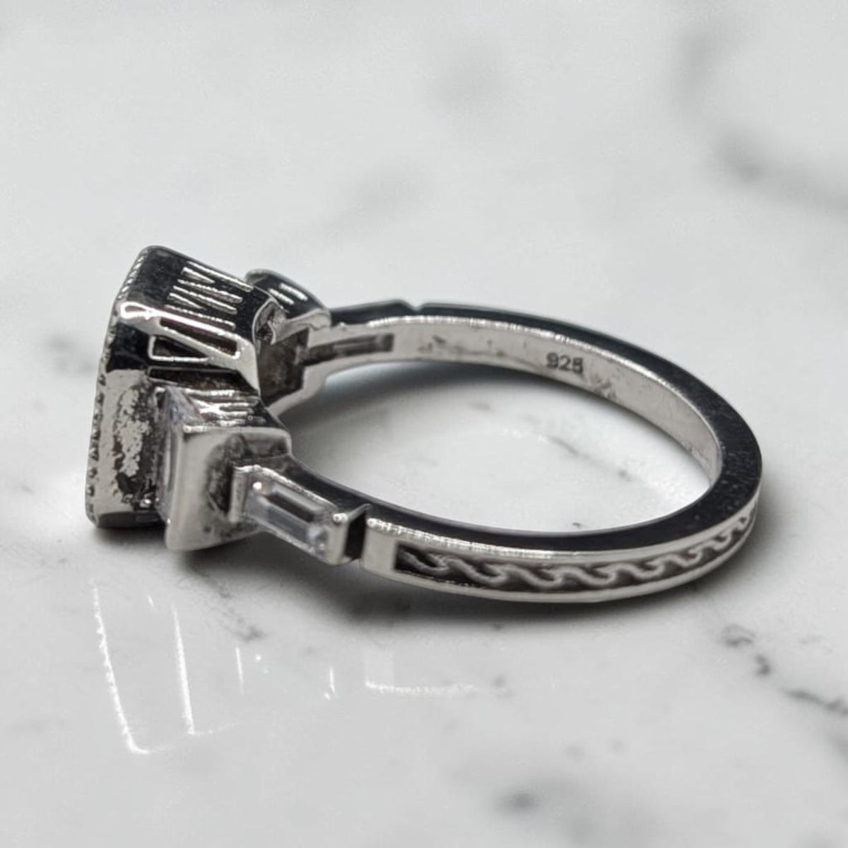 Bague Femme Argent 925 Solitaire Zircon Asscher Milgrain Art Déco