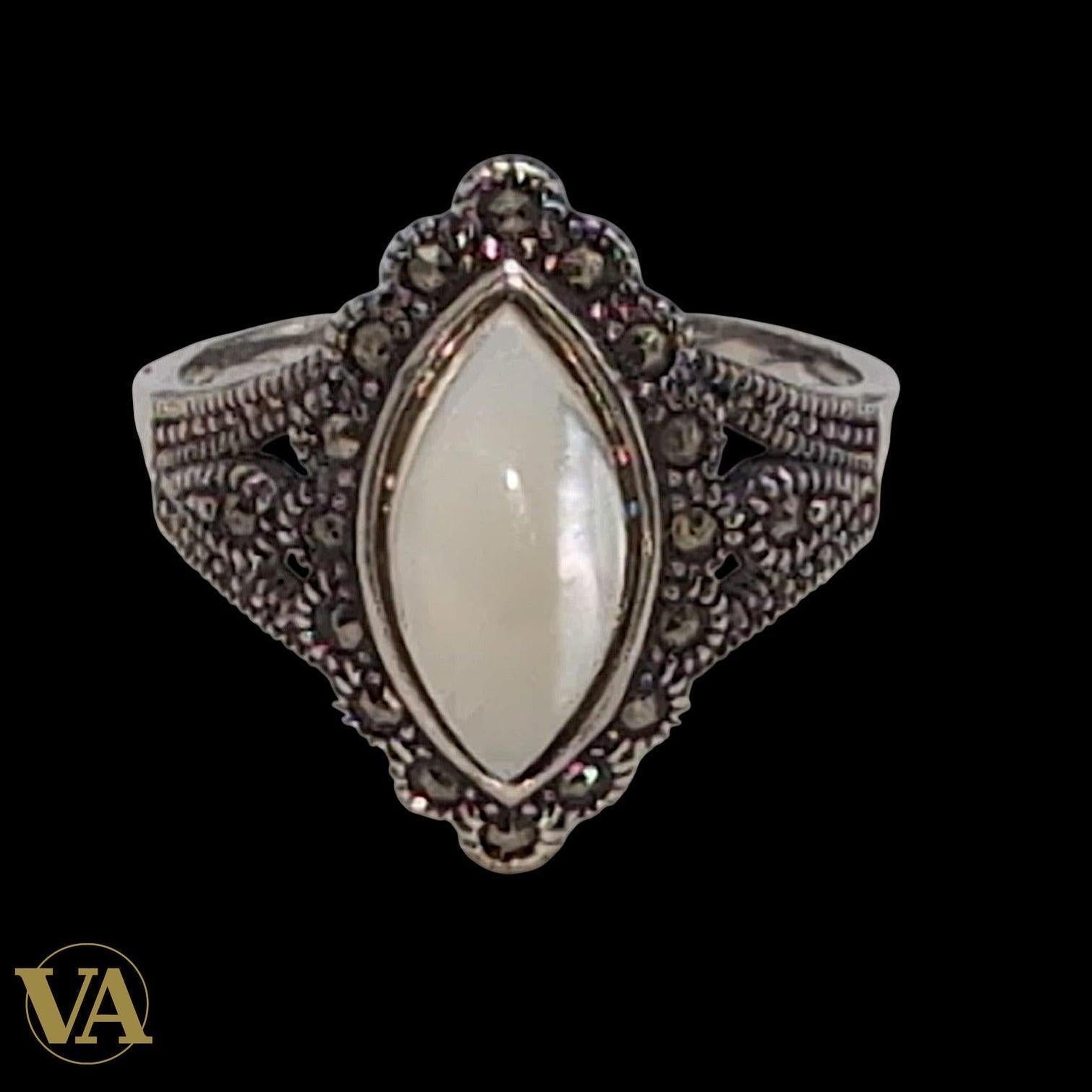 Bague Femme Argent 925 Pierre de Lune Navette & Marcassite – Style Vintage Élégant - Argent 925 - Vindicta