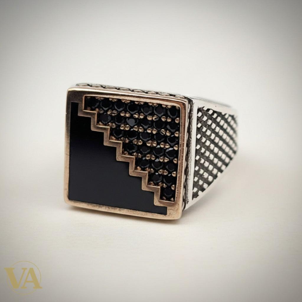 Chevalière Homme Argent 925 Onyx Noir Zircons Escalier Plaqué Or Rose | Bijoux Vindicta