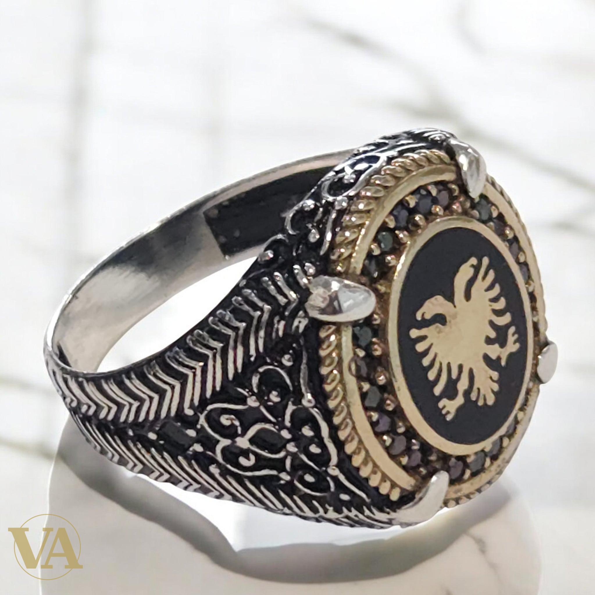 Bague Homme Argent 925 Onyx Noire & Emblème Doré