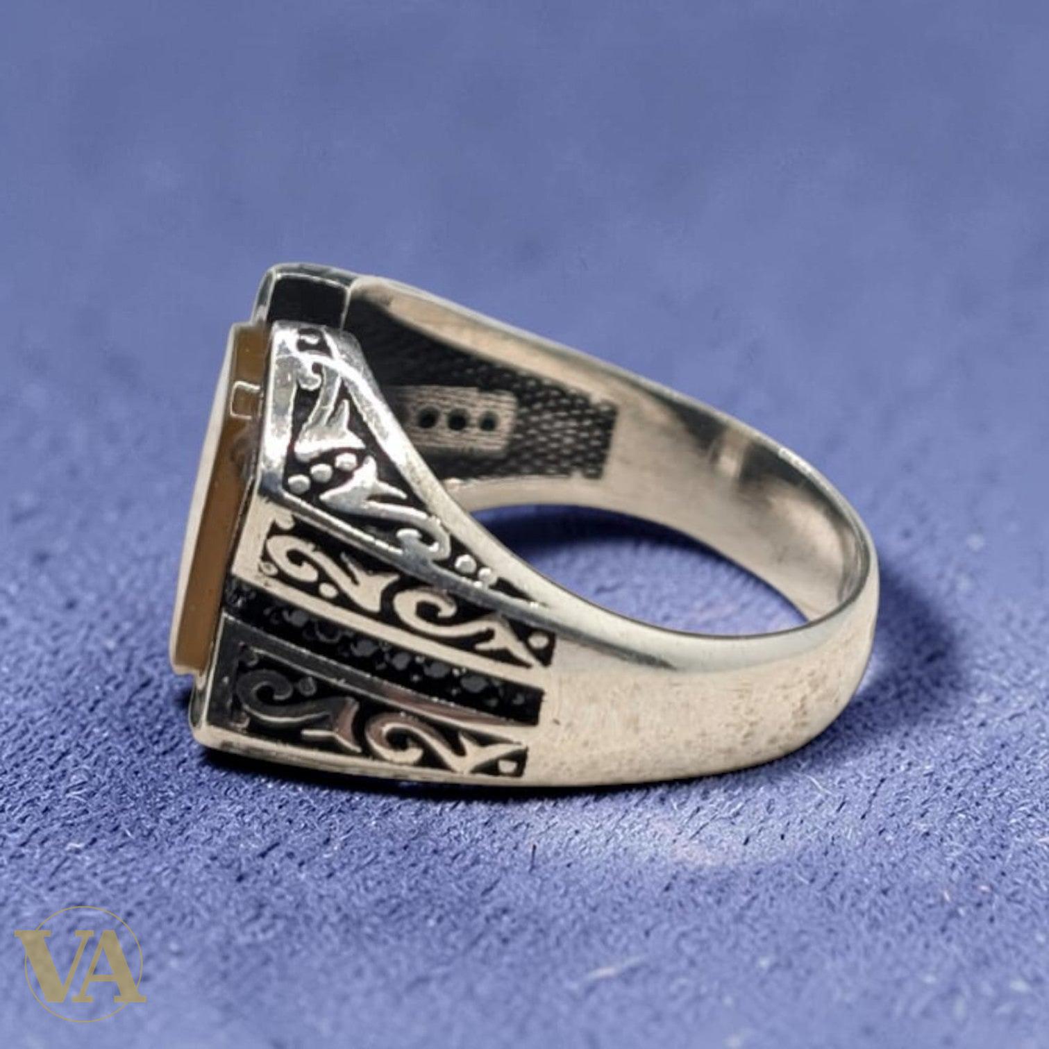 Chevalière Homme Argent 925 Œil de Tigre Arabesques Ottomanes Dorées - Argent 925 - Vindicta