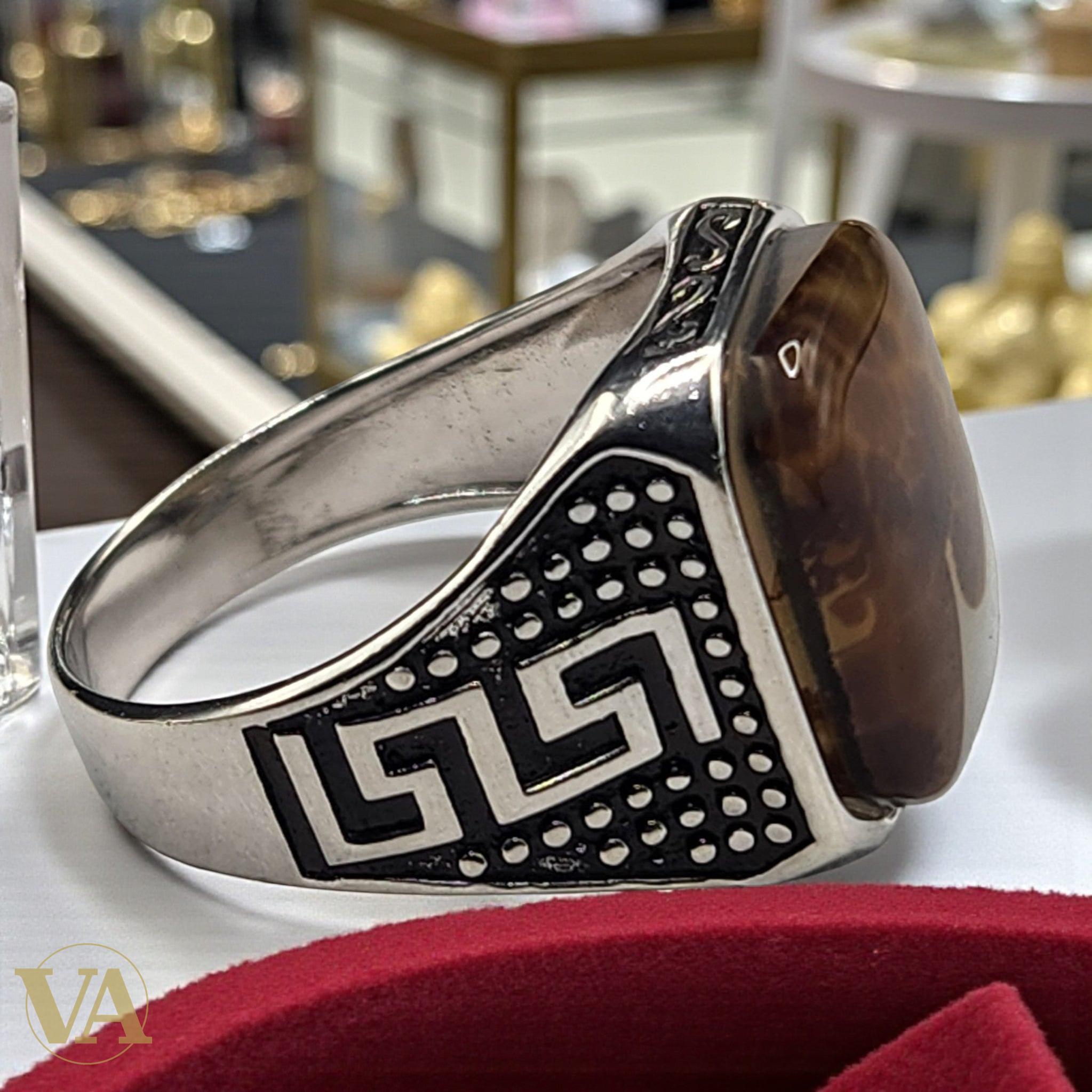 Bague Homme Argent 925 – Agate Fleur rectangulaire & motifs ciselés