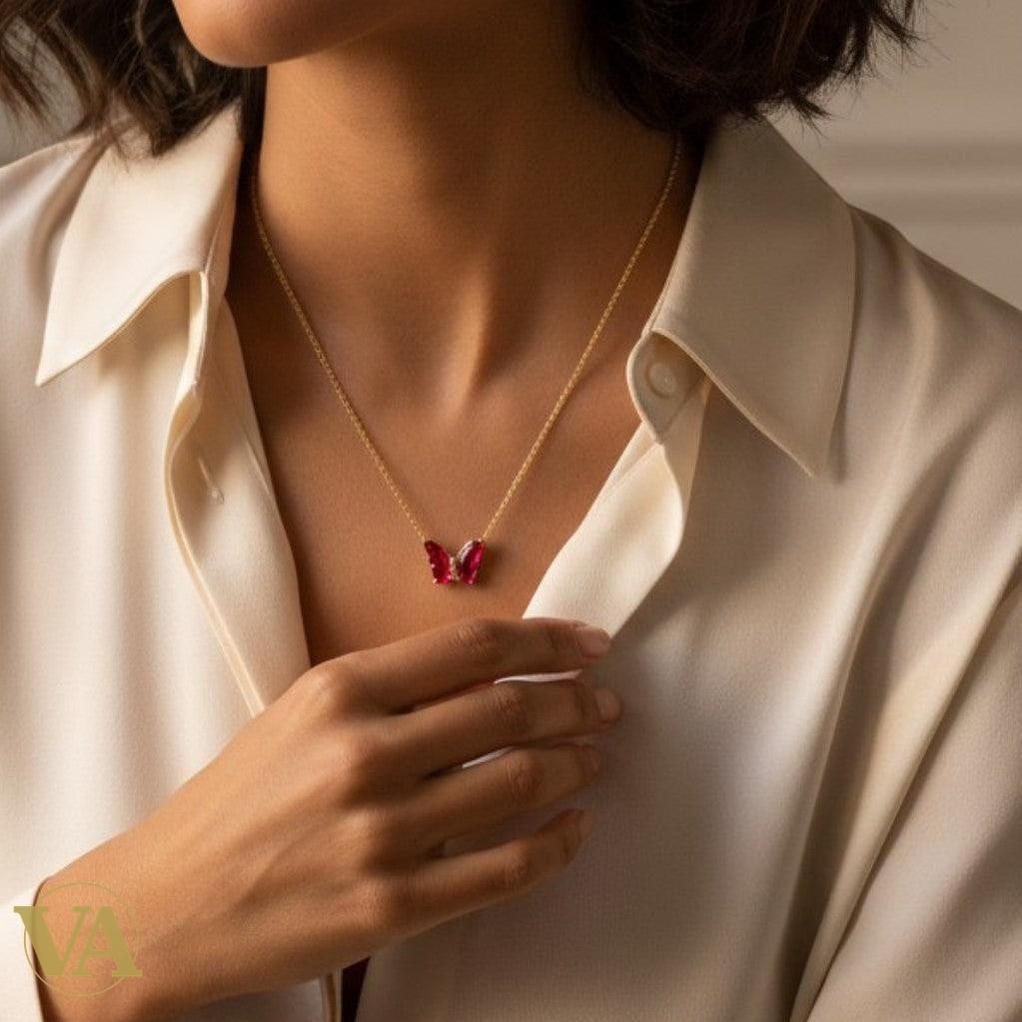 Collier Femme Papillon Vermeil — Grenat Rouge Taille Marquise | Bijoux Vindicta