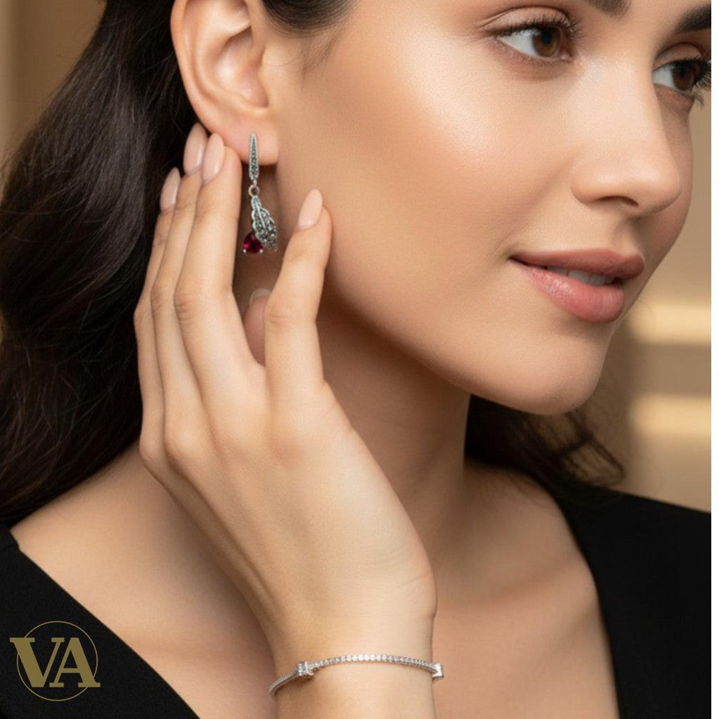 Boucles d’oreilles femme argent 925 marcassite et oxyde de zirconium – Style vintage feuille