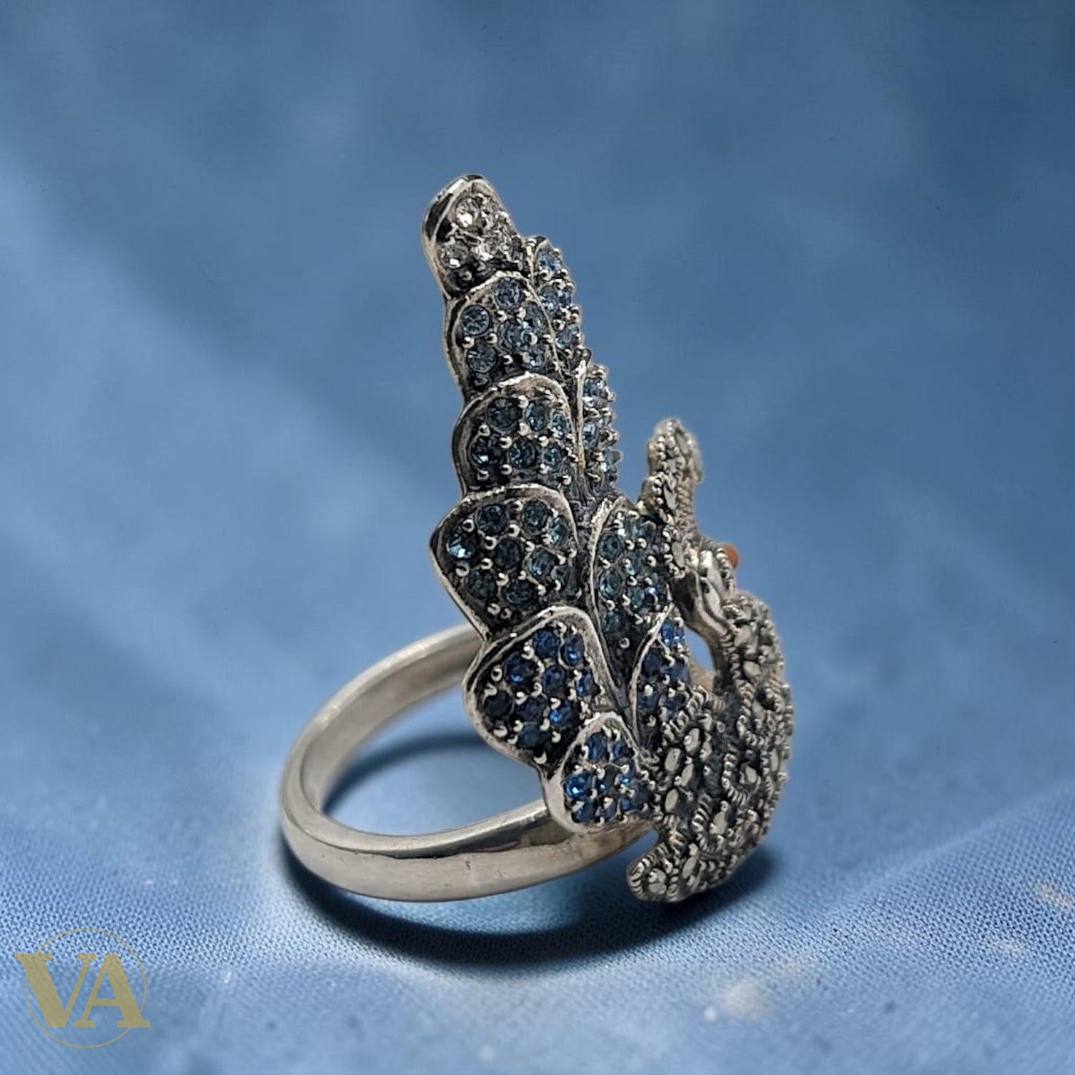 Bague Femme Argent 925 Plume Paon Zirconium Bleu Marcassite