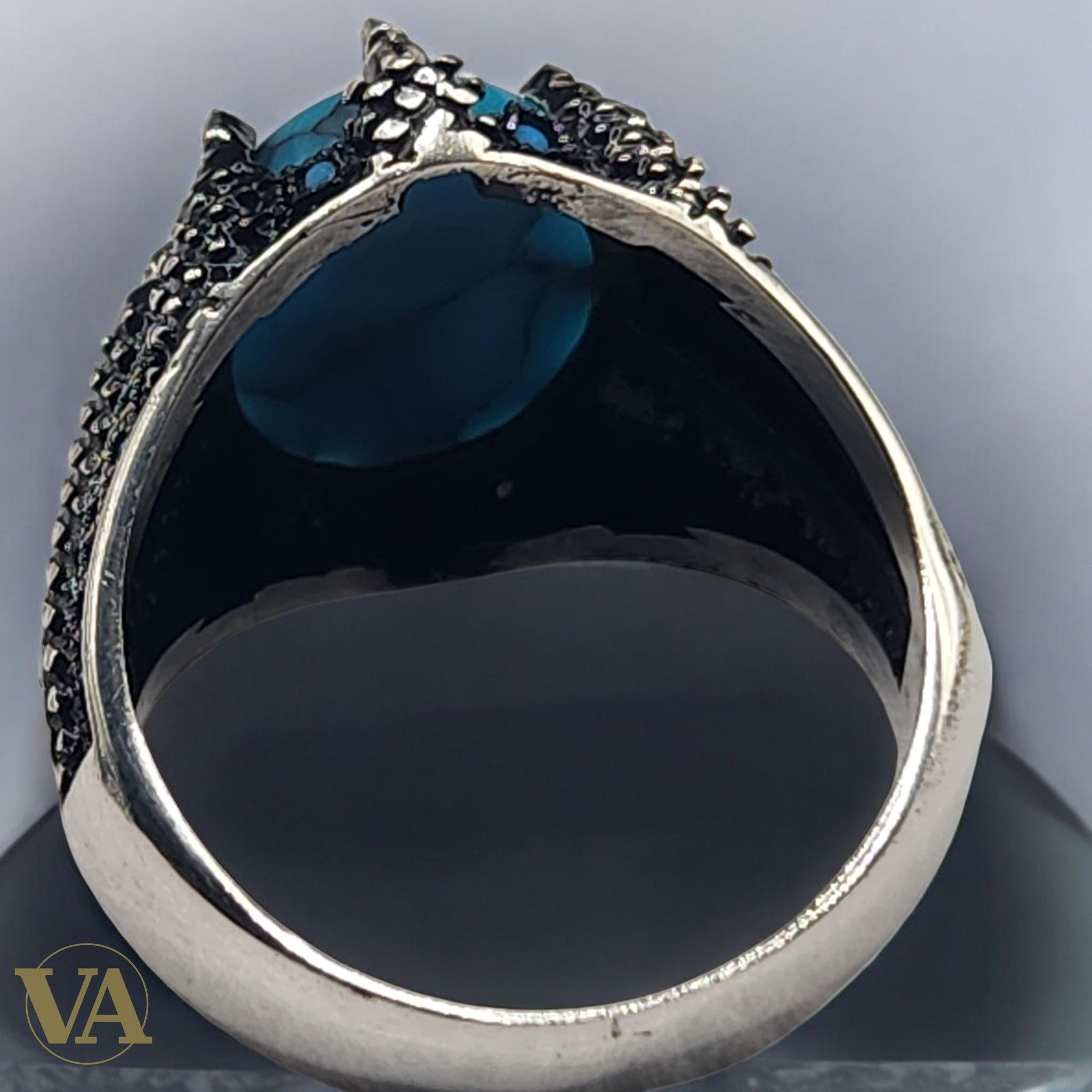 Bague Homme Argent 925 – Turquoise ovale cabochon & griffes protectrices