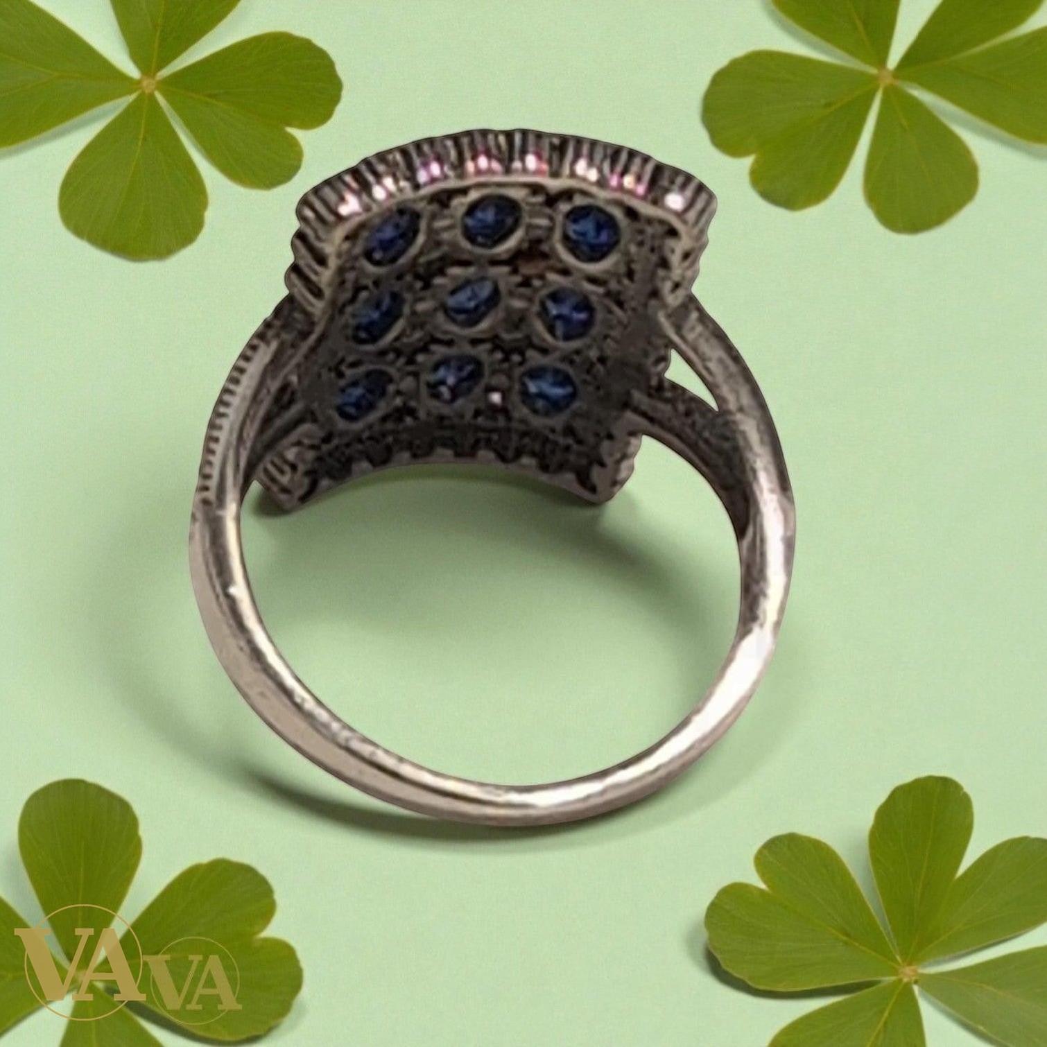 Bague femme rectangulaire en argent 925, pierres bleues & marcassite | Bijoux Vindicta
