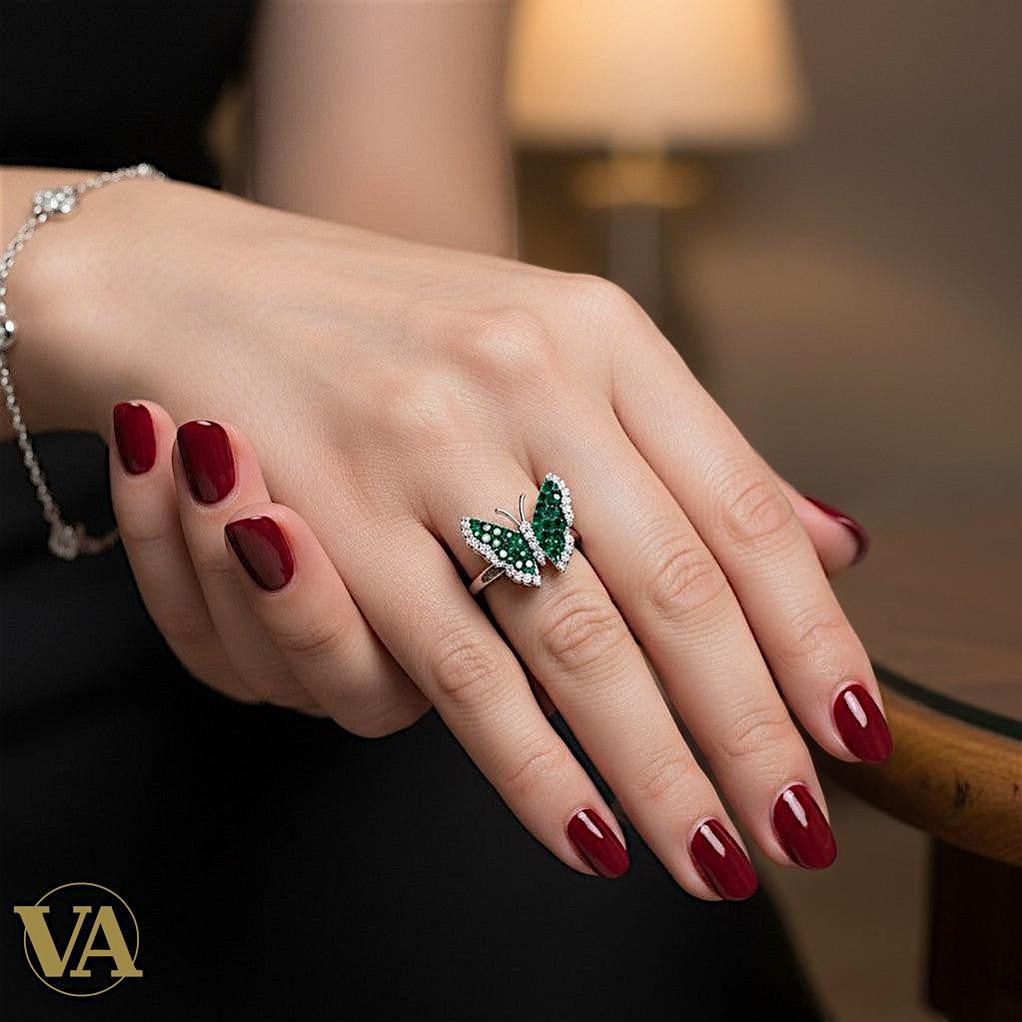 Bague femme Papillon Argent 925 Vert Émeraude – Style Moderne