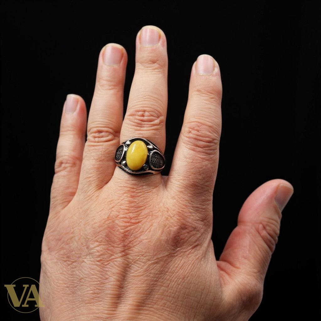 Bague Homme Argent 925 – Ambre jaune cabochon ovale