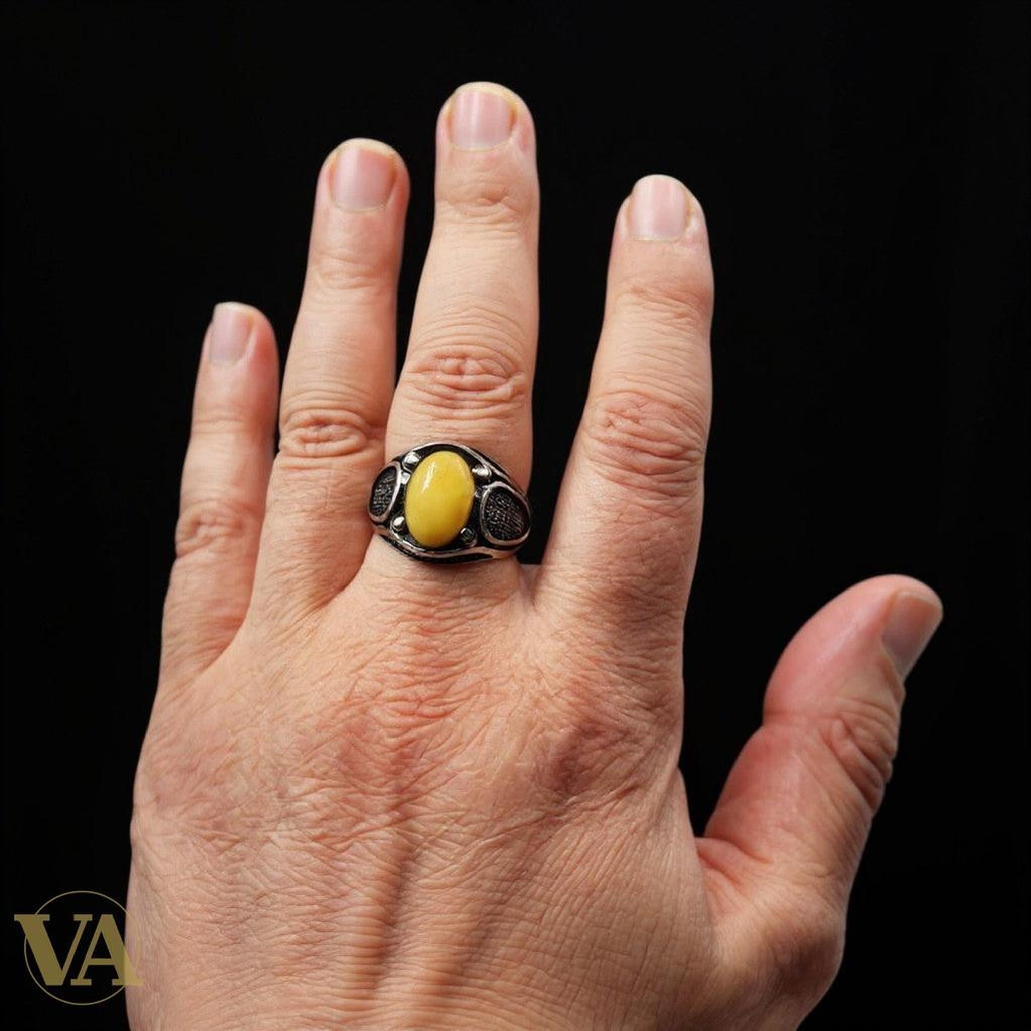 Bague Homme Argent 925 – Ambre jaune cabochon ovale | Bijoux Vindicta