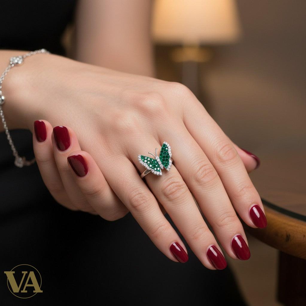 Bague Papillon Argent 925 Vert Émeraude – Style Moderne