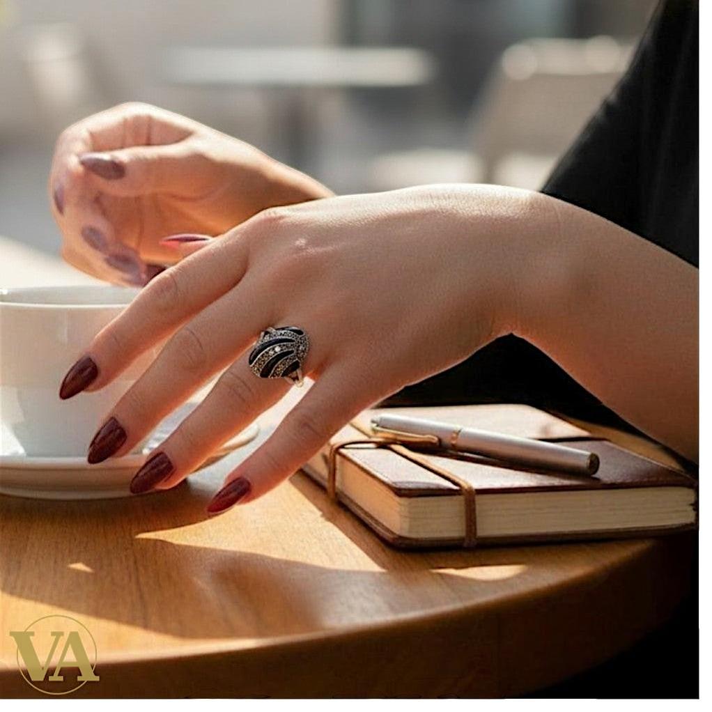 Bague Femme Argent 925 Onyx Noir et Marcassites – Élégance Vintage