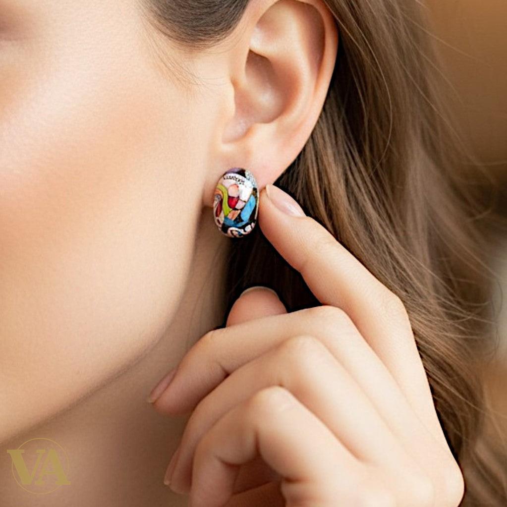 Boucles d'oreilles Femme Argent 925 – Émail Mosaïque Multicolore & Zirconiums
