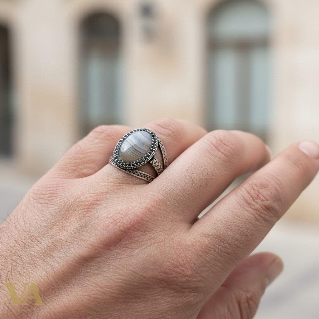 Chevalière Homme Argent 925 Agate Ribanée Zircons Noirs-Vindicta : Bijoux Argent 925 Massif, Luxe et Héritage