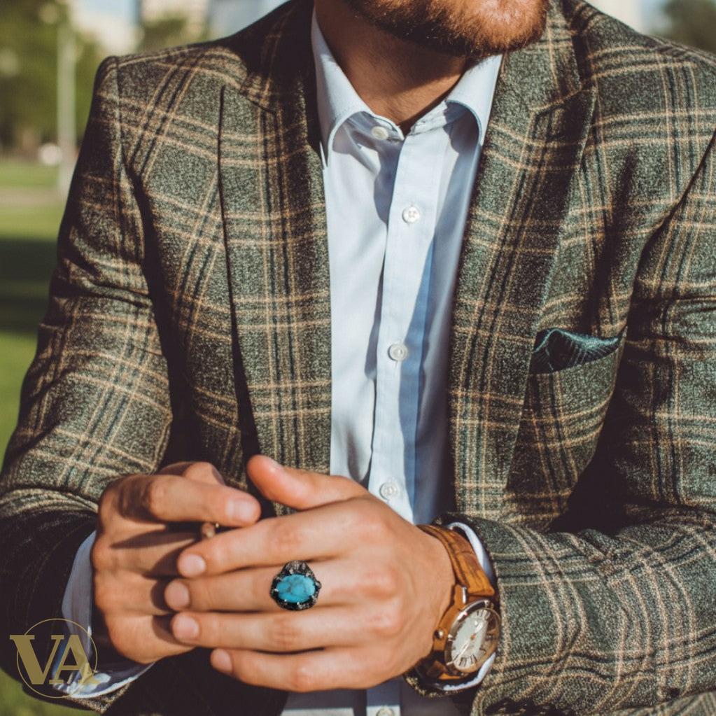 Bague Homme Argent 925 – Turquoise ovale cabochon & griffes protectrices