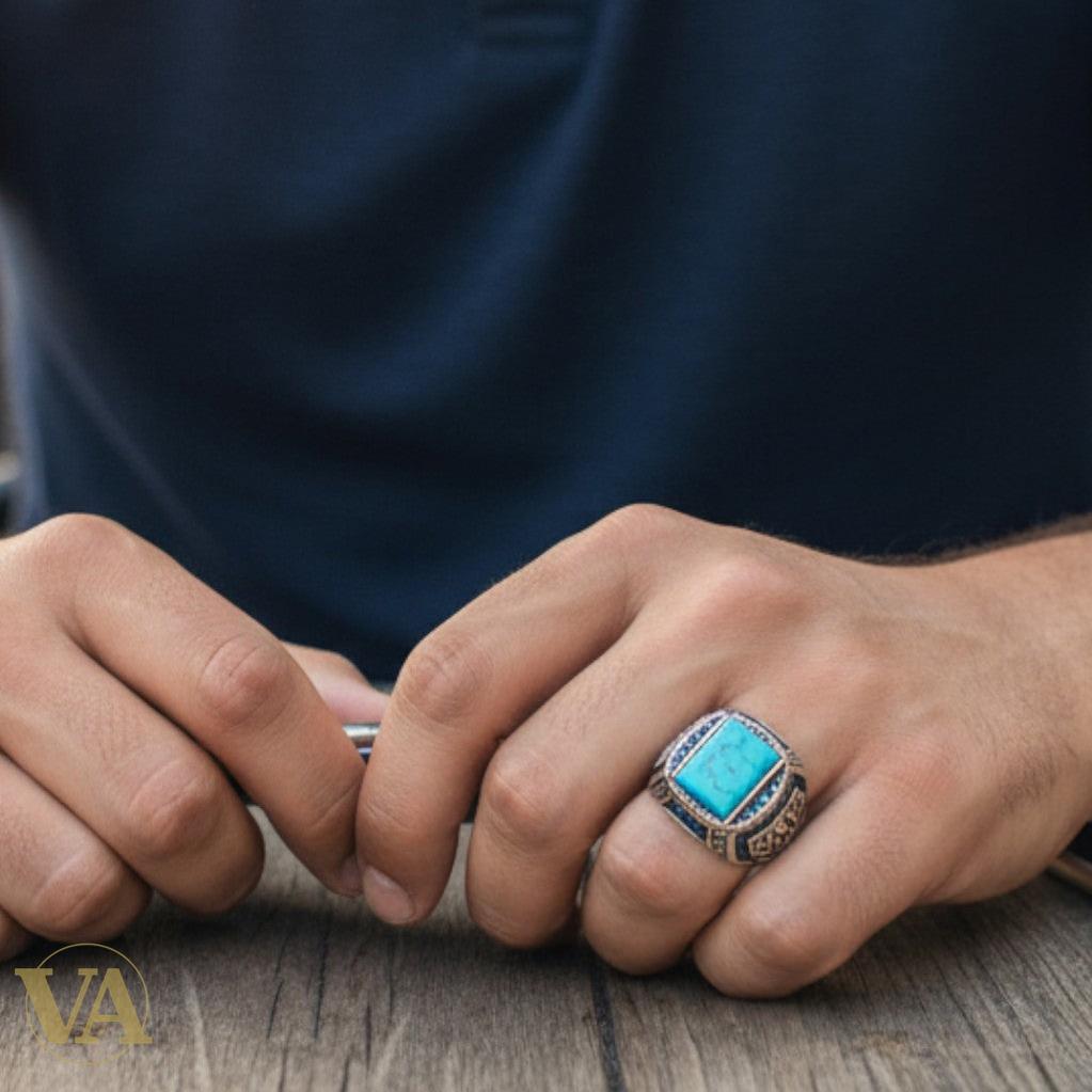 Bague homme argent 925 et turquoise rectangulaire