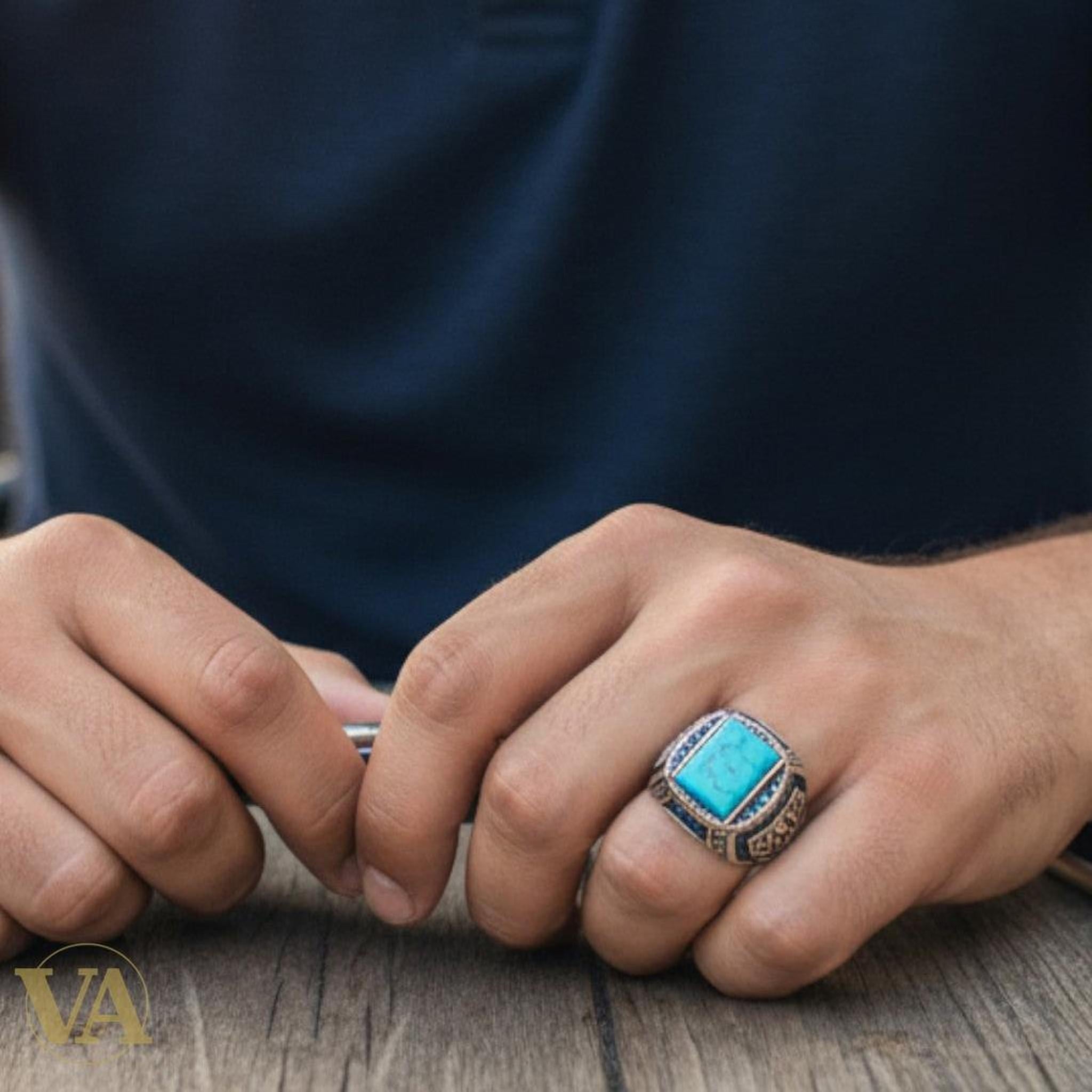 Bague homme argent 925 et turquoise rectangulaire - Argent 925 - Vindicta