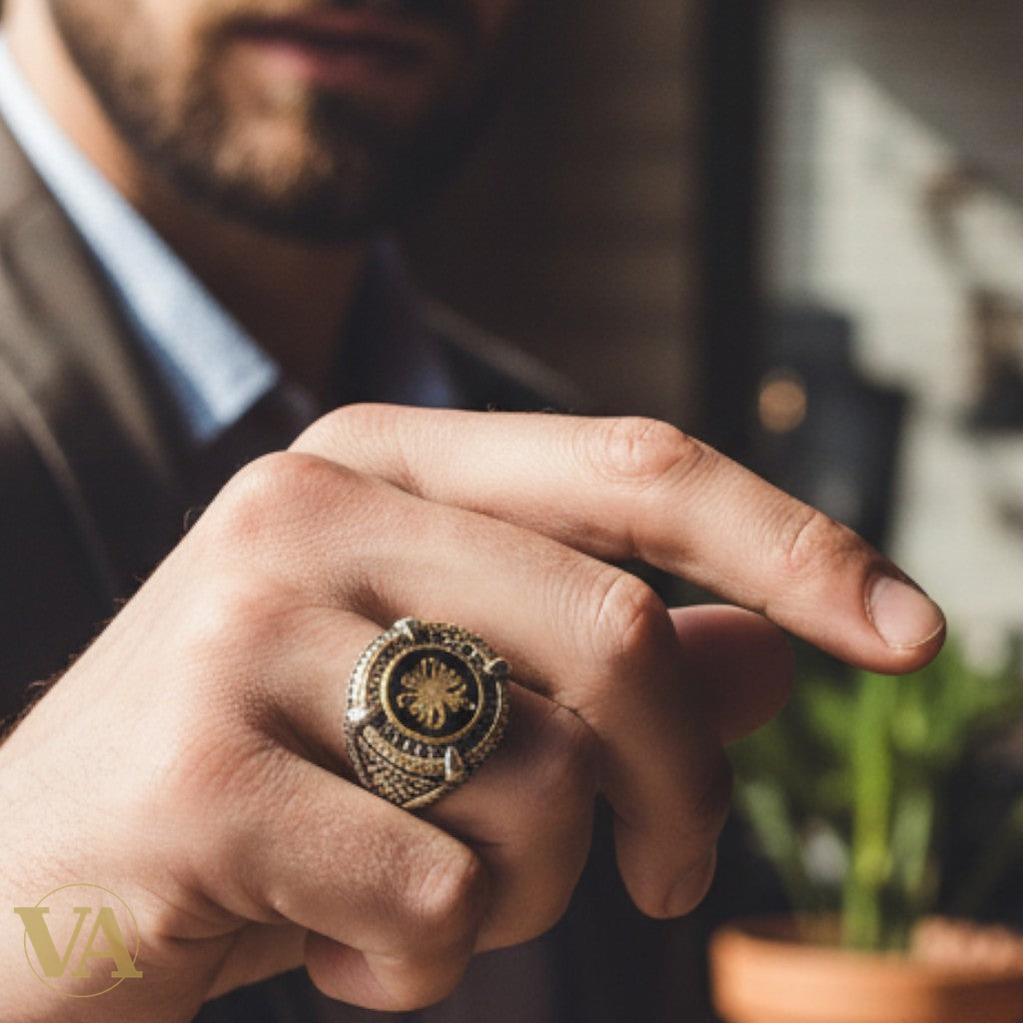 Bague Homme Argent 925 Onyx Noire & Emblème Doré