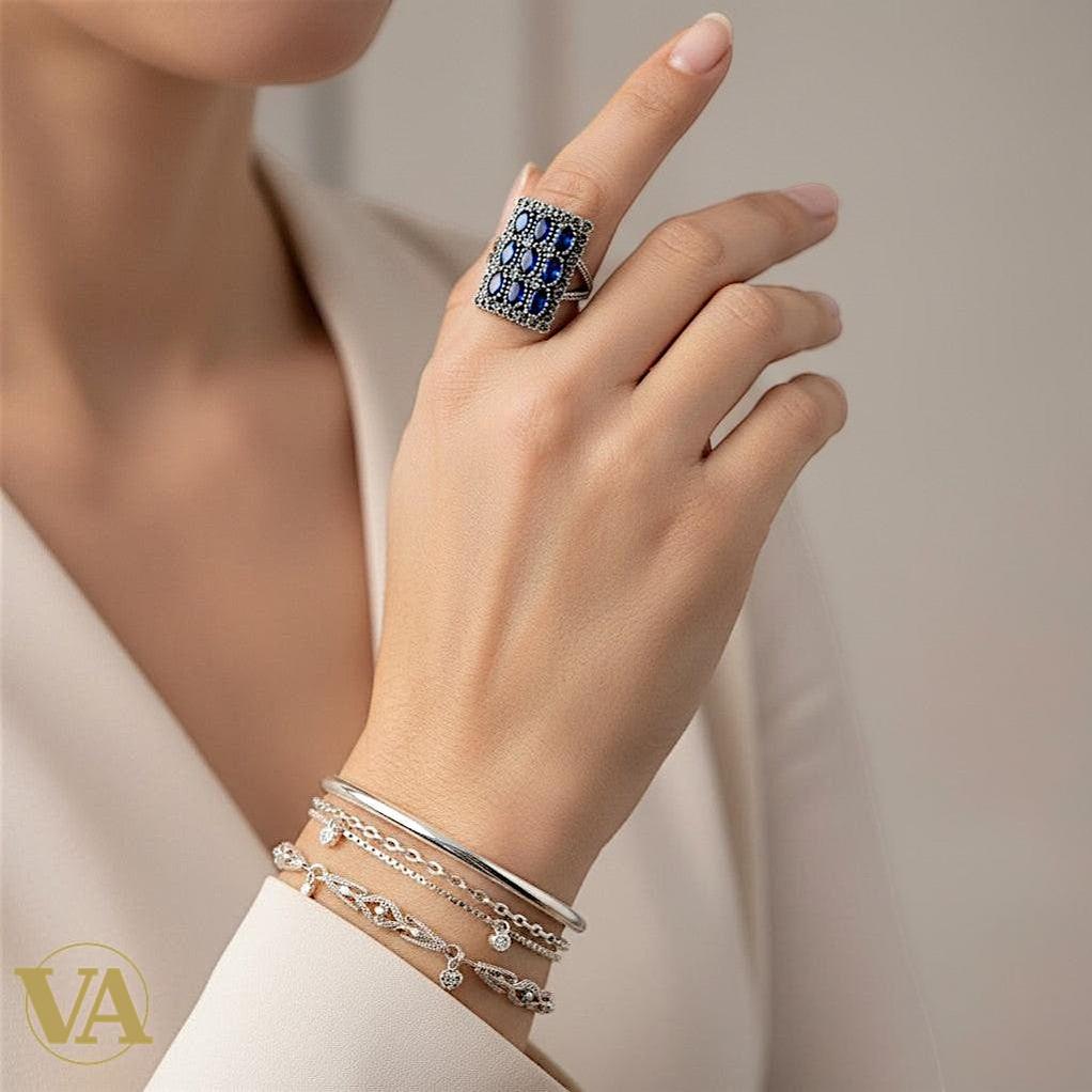Bague femme rectangulaire en argent 925, pierres bleues & marcassite