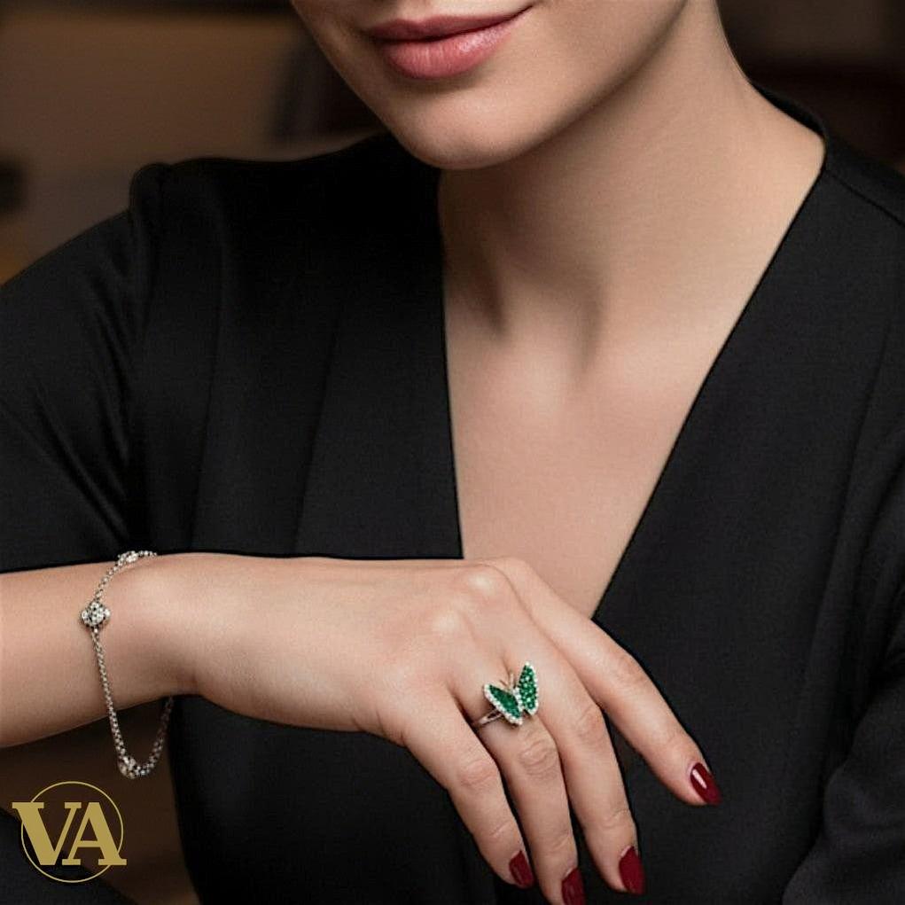 Bague femme Papillon Argent 925 Vert Émeraude – Style Moderne | Bijoux Vindicta