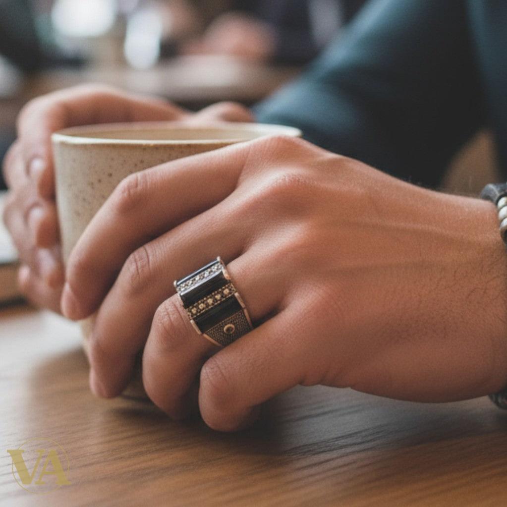 Bague homme argent 925 onyx rectangulaire et marcassites