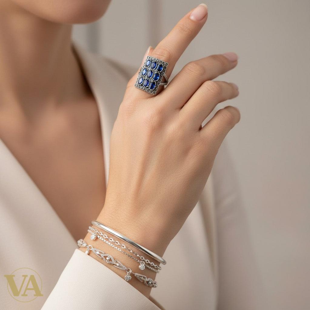 Bague rectangulaire en argent 925, pierres bleues & marcassite