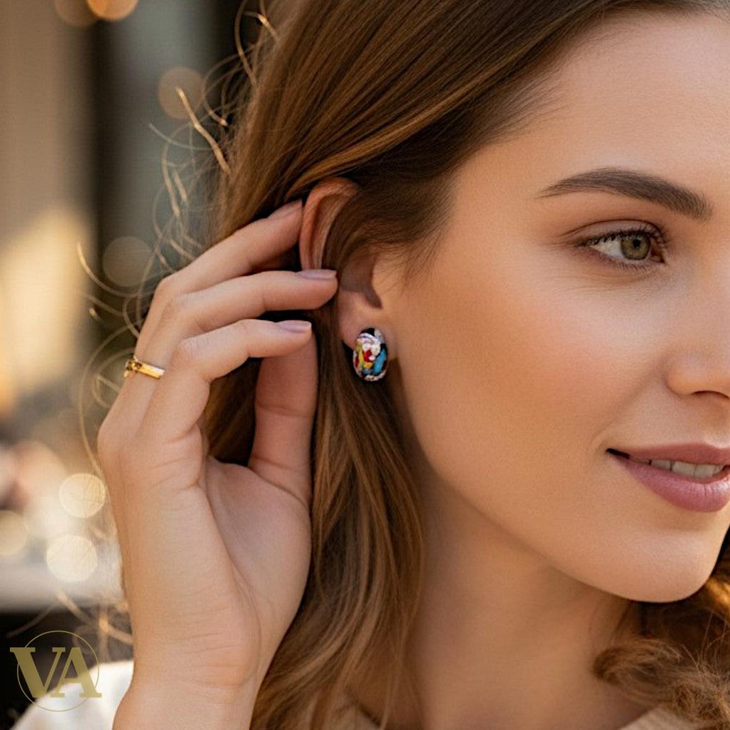Boucles d'oreilles Femme Argent 925 – Émail Mosaïque Multicolore & Zirconiums