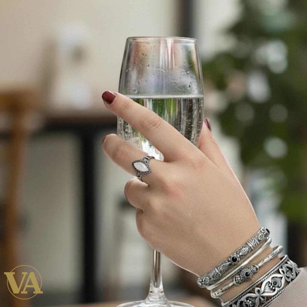 Bague Femme Argent 925 Pierre de Lune Navette & Marcassite – Style Vintage Élégant