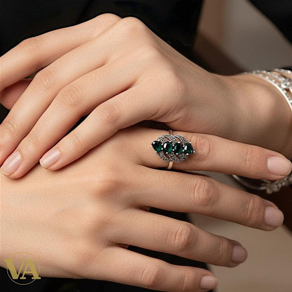 Bague Femme Argent 925 Émeraude & Marcassite – Design Vintage Ajouré